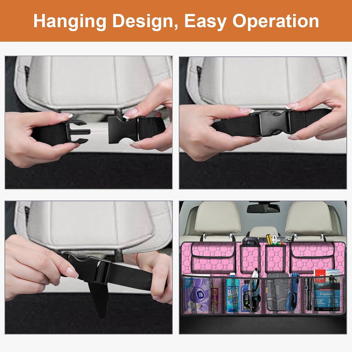 Car Trunk Organizer, Super Capacity Backseat Car Organizer for SUV/Truck/MPV(42"*18"), Hanging Car Storage Organizer with 8 Pocekts, Car Accessories for Women and Men- Pink