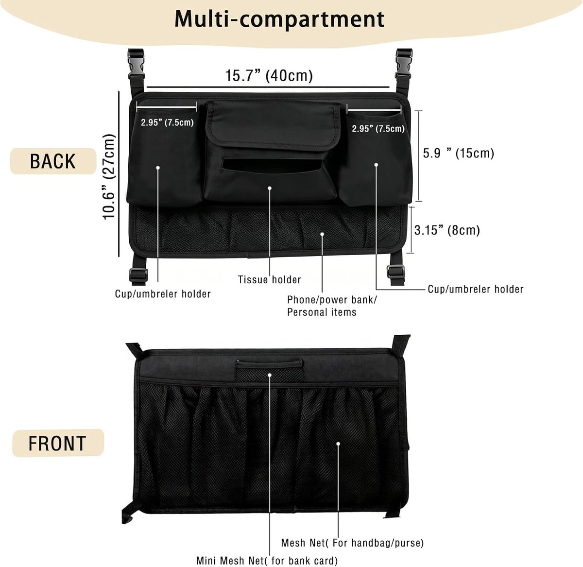 Car Purse Holder Between Seats, PU Leather Mesh Organizer with Cup Holder