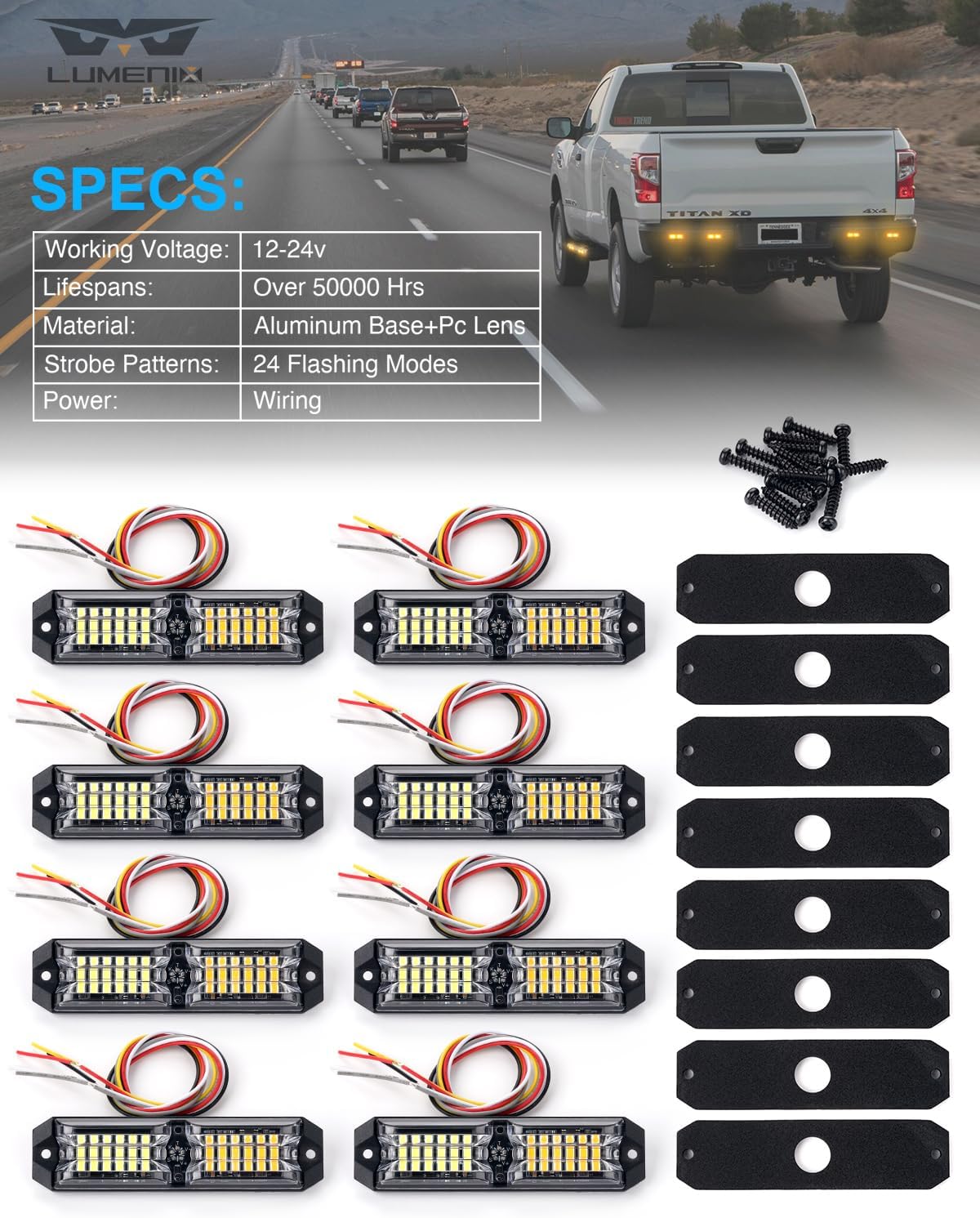 LUMENIX Grille Strobe Light Kits for Trucks, 12-LED Surface Mount Ultra Slim Emergency Hazard Warning Lights Head for Construction Vehicles Cars - White Amber