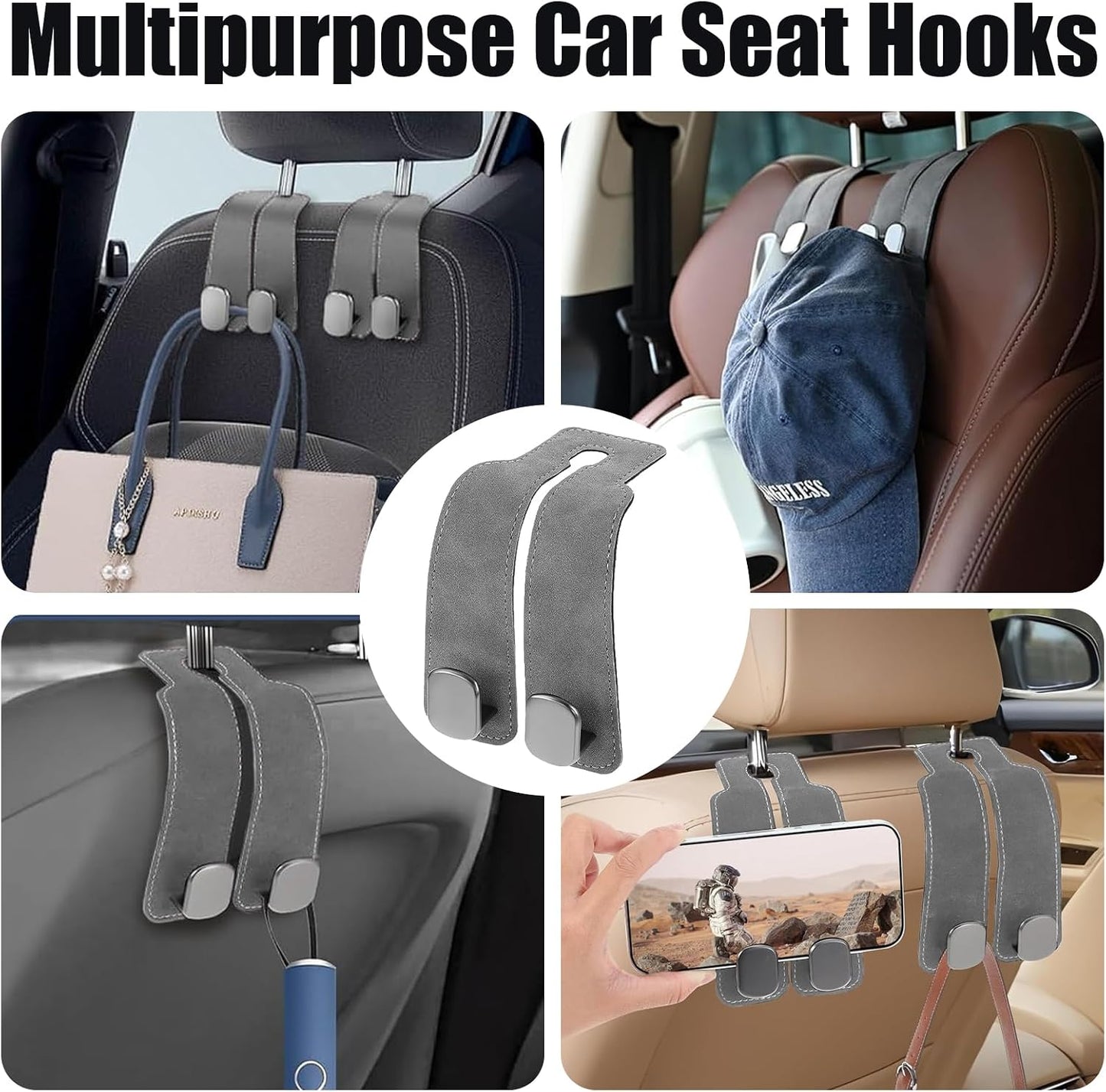 TwinHook Leather Car Headrest Hangers, Car Headrest Hooks for Purse and Bags, 2-in-1 Leather Car Seat Back Storage Hook, Anti-Slip Purse Holder for Car, Supports Up to 50 lbs (Gray-2 Pack)