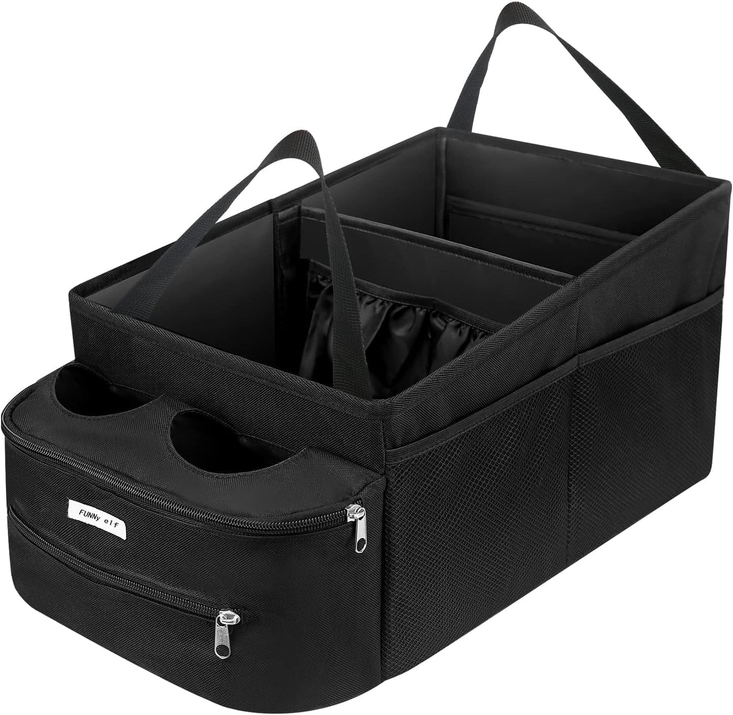 FUNNy elf Car Backseat Organizer for Cars, Collapsible Front Seat Organizer with 4 Cup Holders, Storage Pockets & Dividers, Passenger Seat Organizer for SUV, Truck, Sedan