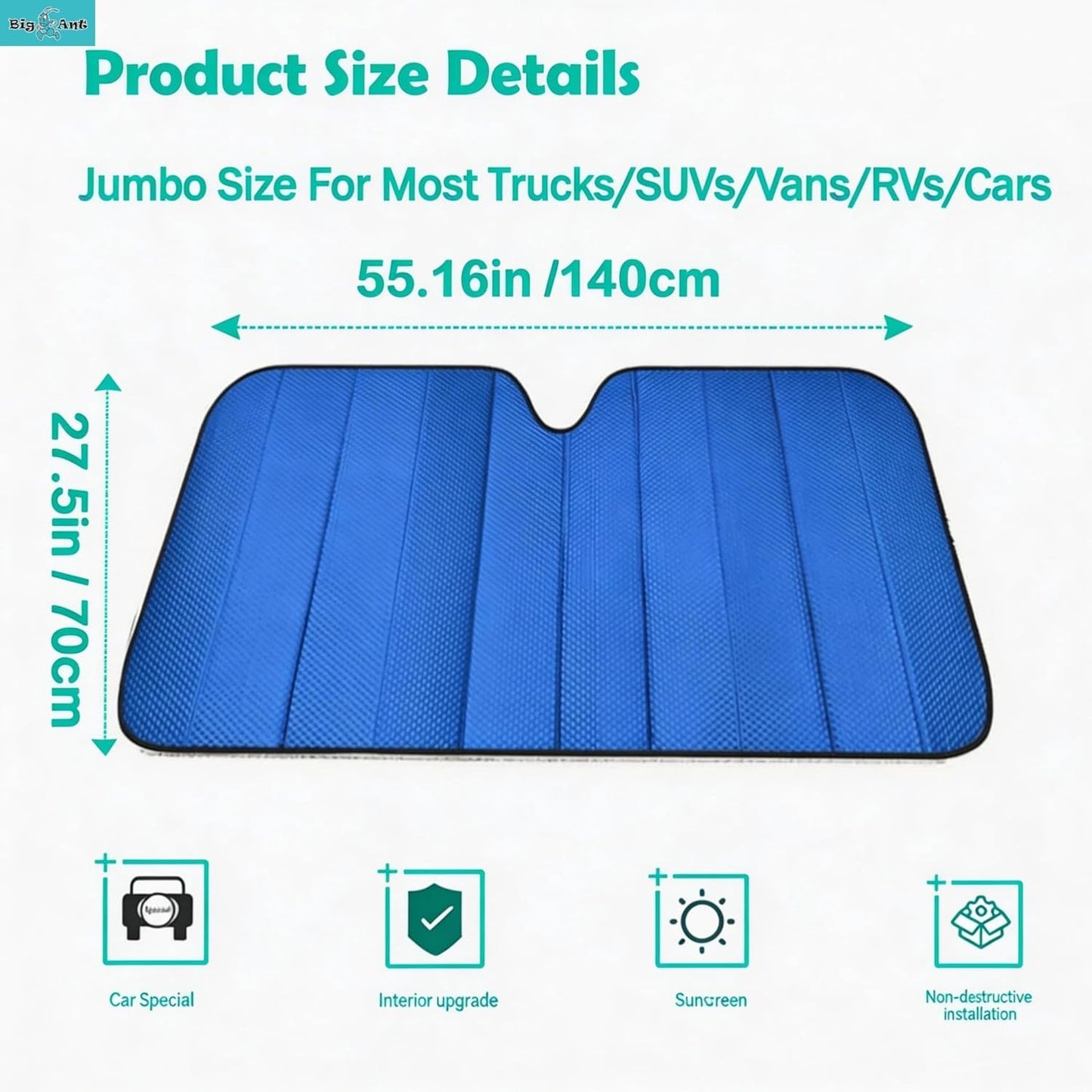 Windshield Sunshade Car Foldable UV Ray Reflector Auto Front Window Sun Shade Visor Shield Shade,Keeps Vehicle Cool - Blue (55" x 27.5")