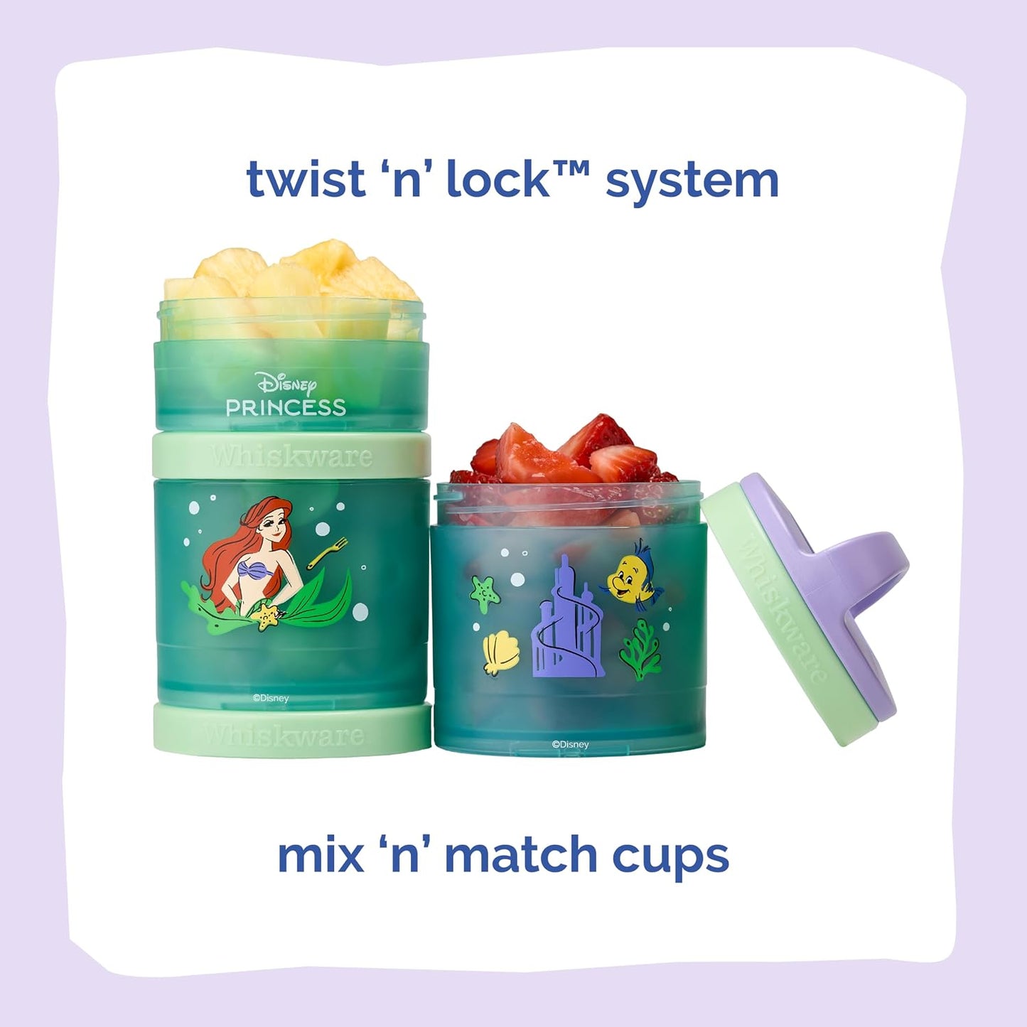 Whiskware Disney Princess Stackable Snack Containers for Kids, 3 Stackable Snack Cups for School and Travel, Ariel and Flounder