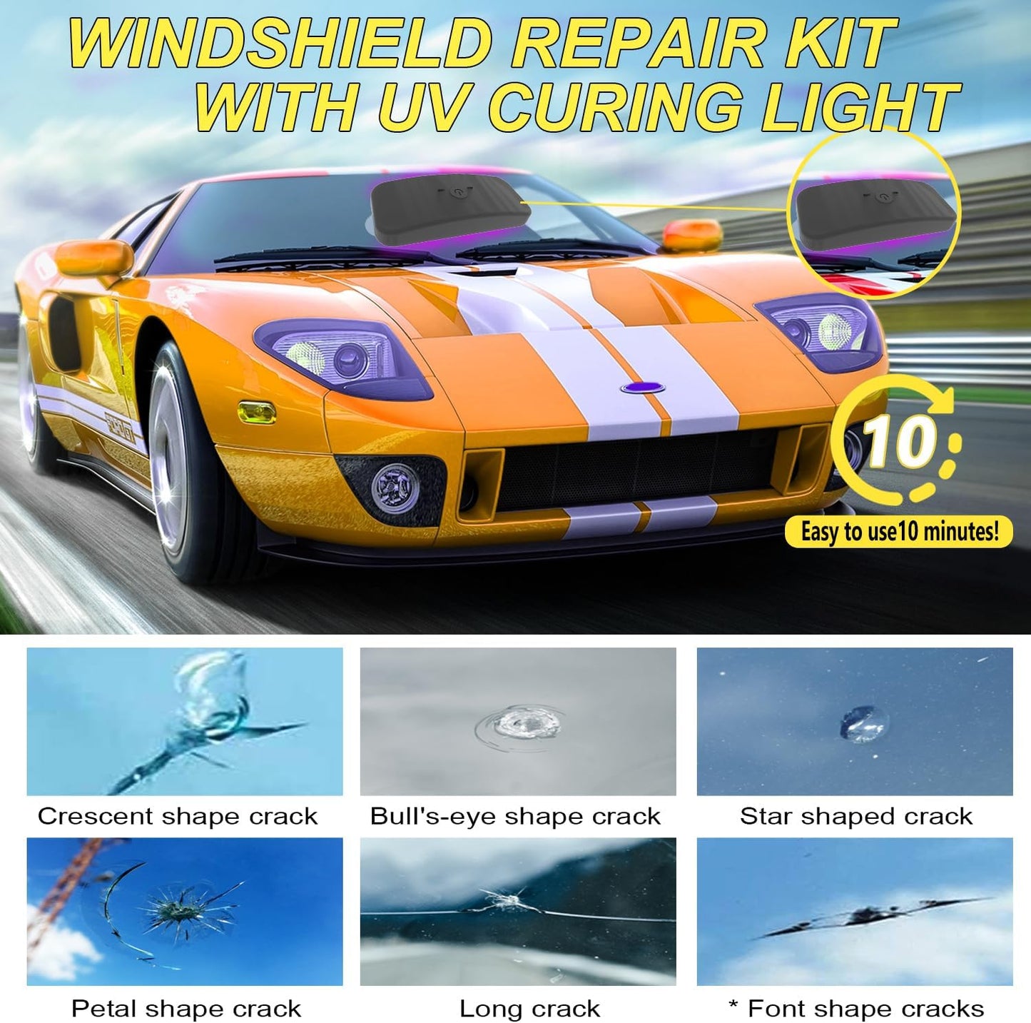 CLAMPER Windshield Repair Kit, Windshield Crack Repair Kit 4 Pcs, Windscreen Repair Kit with Enhanced Injection Head Suction Cup UV Curing Light, Windshield Chip Repair Kit for Bulls-Eye (Yellow)