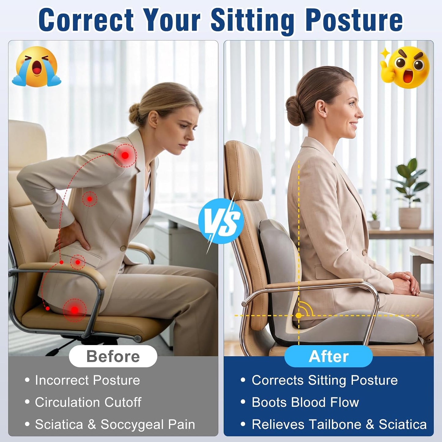 Car Seat Cushion with Lumbar Support Pillow, Memory Foam Office Chair Cushion for Back Pain Sciatica Pain Relief, Ergonomic L-Shaped Seat Cushion for Car Truck Driving Office Chair Home (White Gray)
