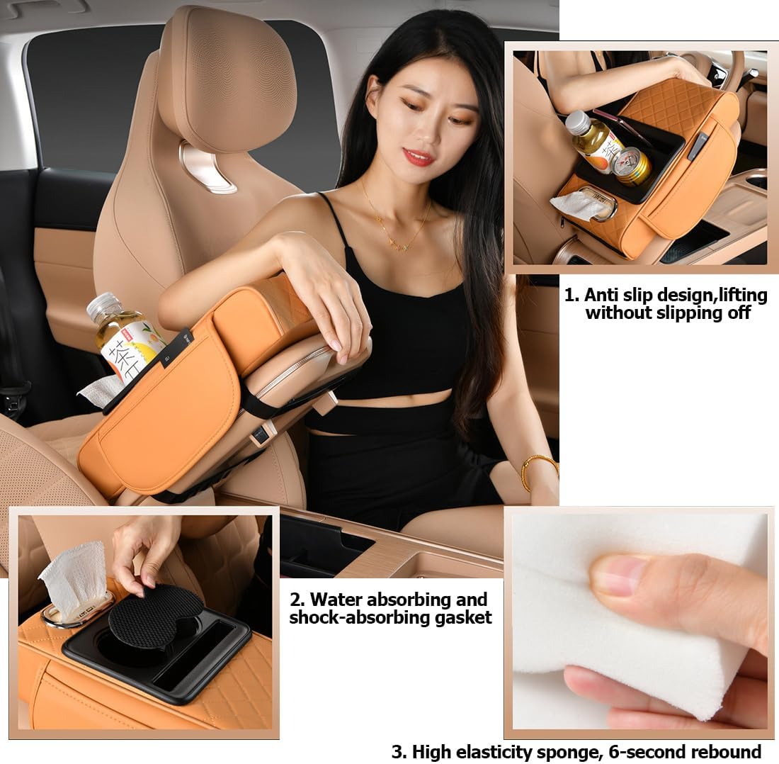 Car Armrest Cushion,5-in-1 Center Console Cover with 2 Storage Bags Cup Holder, Tissue Box Slot, Phone Slot for Sedans, Car Accessories Interior Organizers (Black)