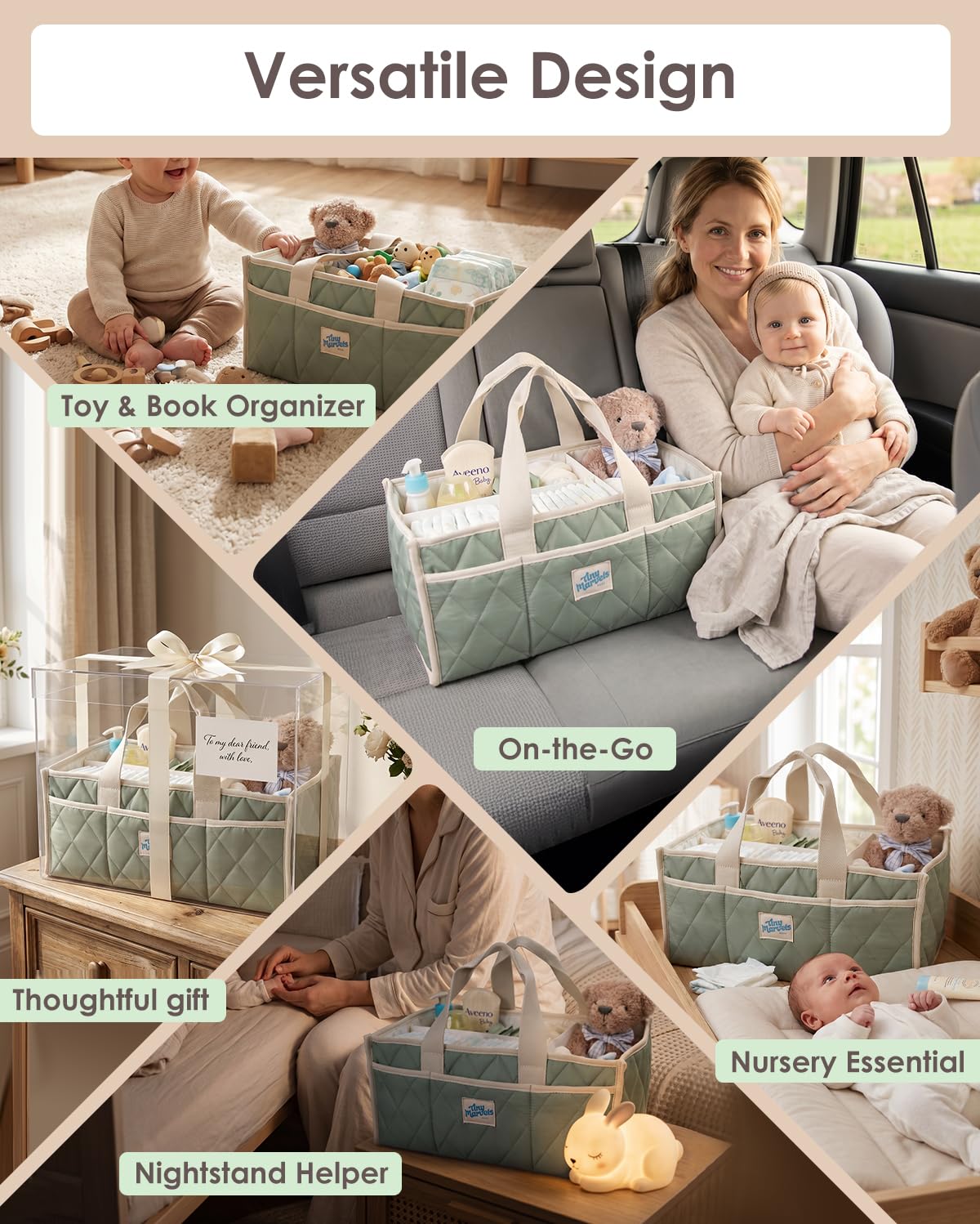 Baby Diaper Caddy Organizer – Nursery Storage Basket with Removable Divider, Stylish Diaper Caddy for Changing Table, Portable Car Caddy Organizer for Newborn Essentials, Large Capacity & Side Pockets