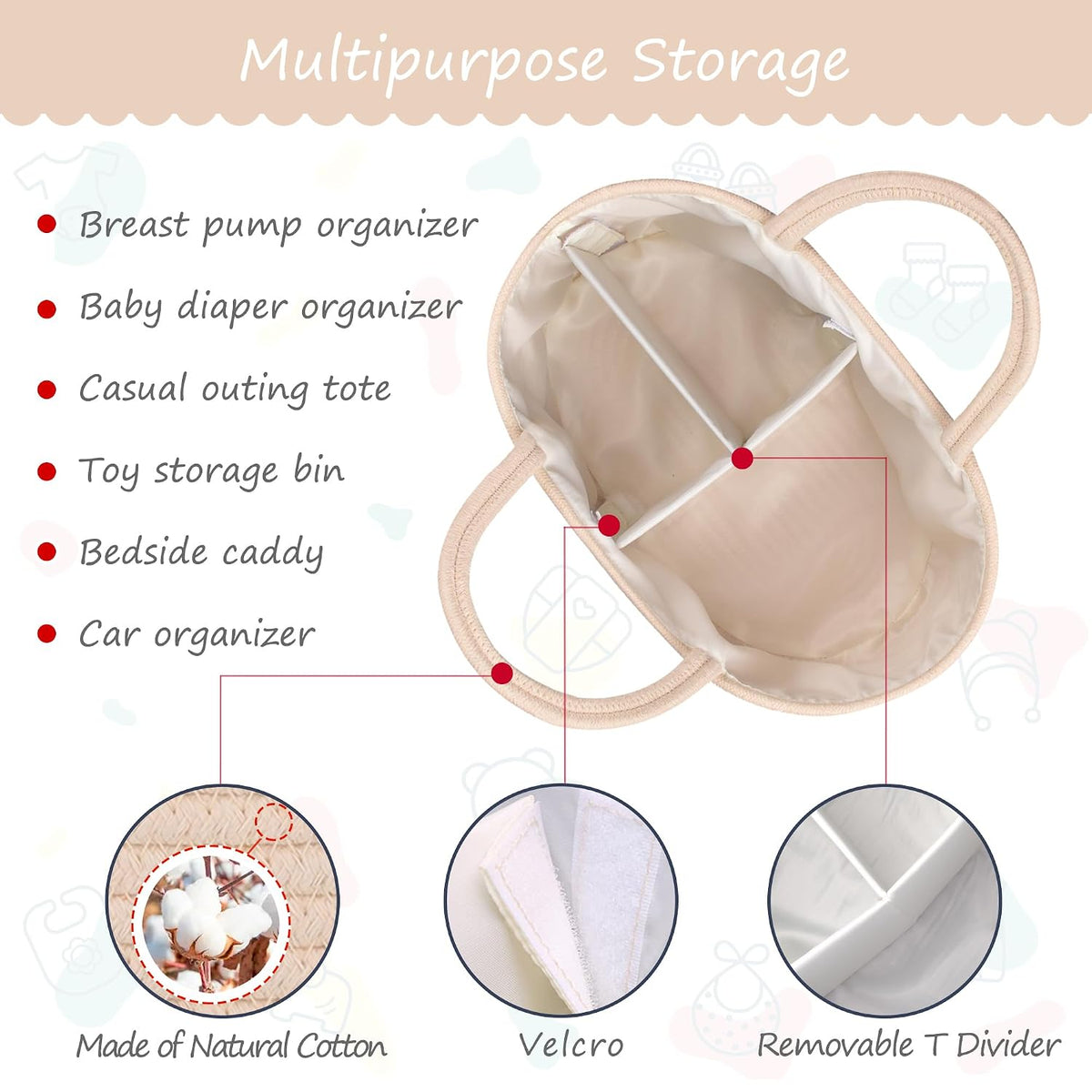 COMSE Baby Diaper Caddy Organizer, Car Caddy, Diaper Change Organizer, Gift Baskets Empty, Portable Tote Bag with Divider, Baby Shower Gifts Newborn Essentials Registry Must Have, Beige