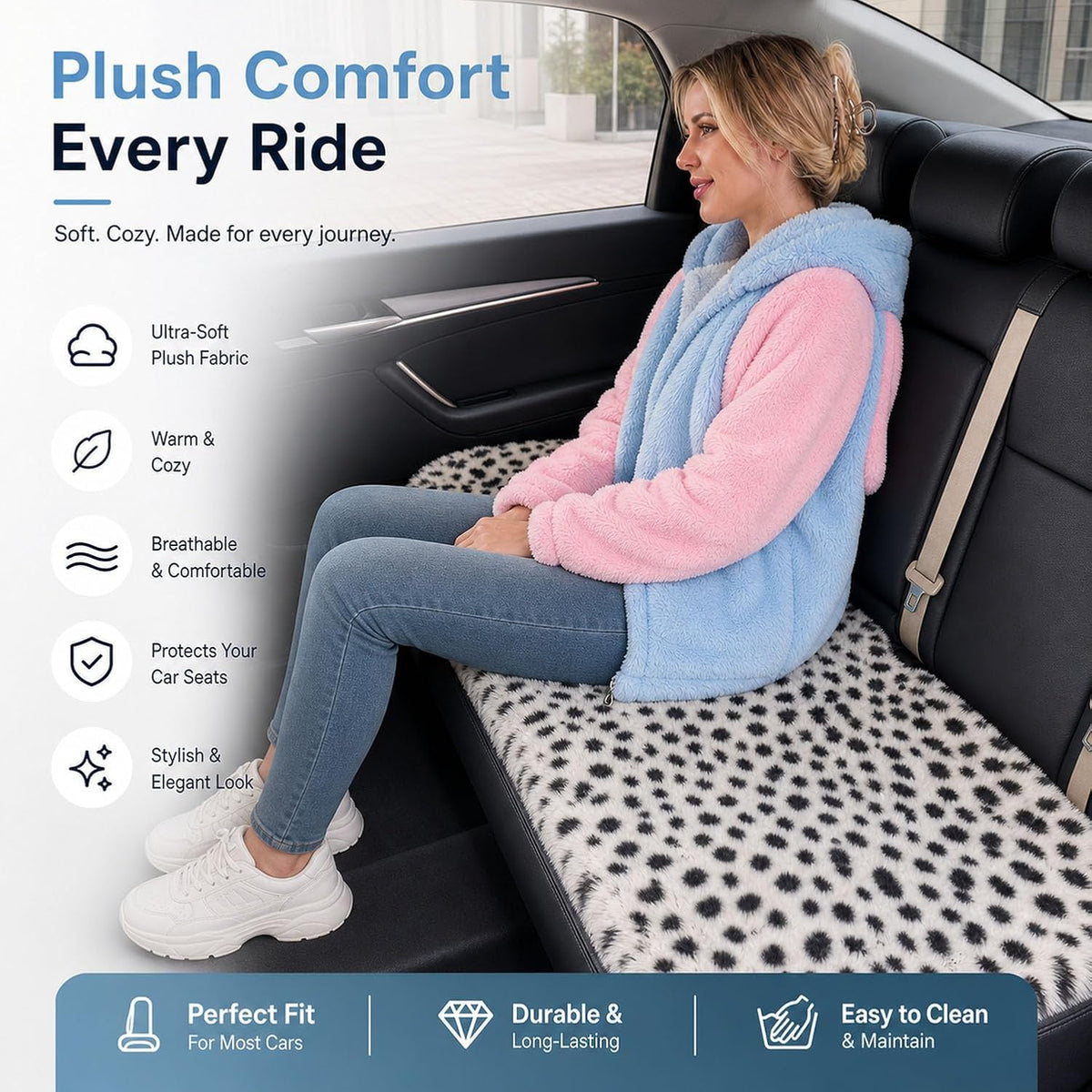 Winter Soft Warm Faux Rabbit Fur car seat Cushion,Universal fit Plush Front and Back Fuzzy car seat Pads Cushion Cover Protector - 1pcs (Back seat 1pcs, Leopard dots)