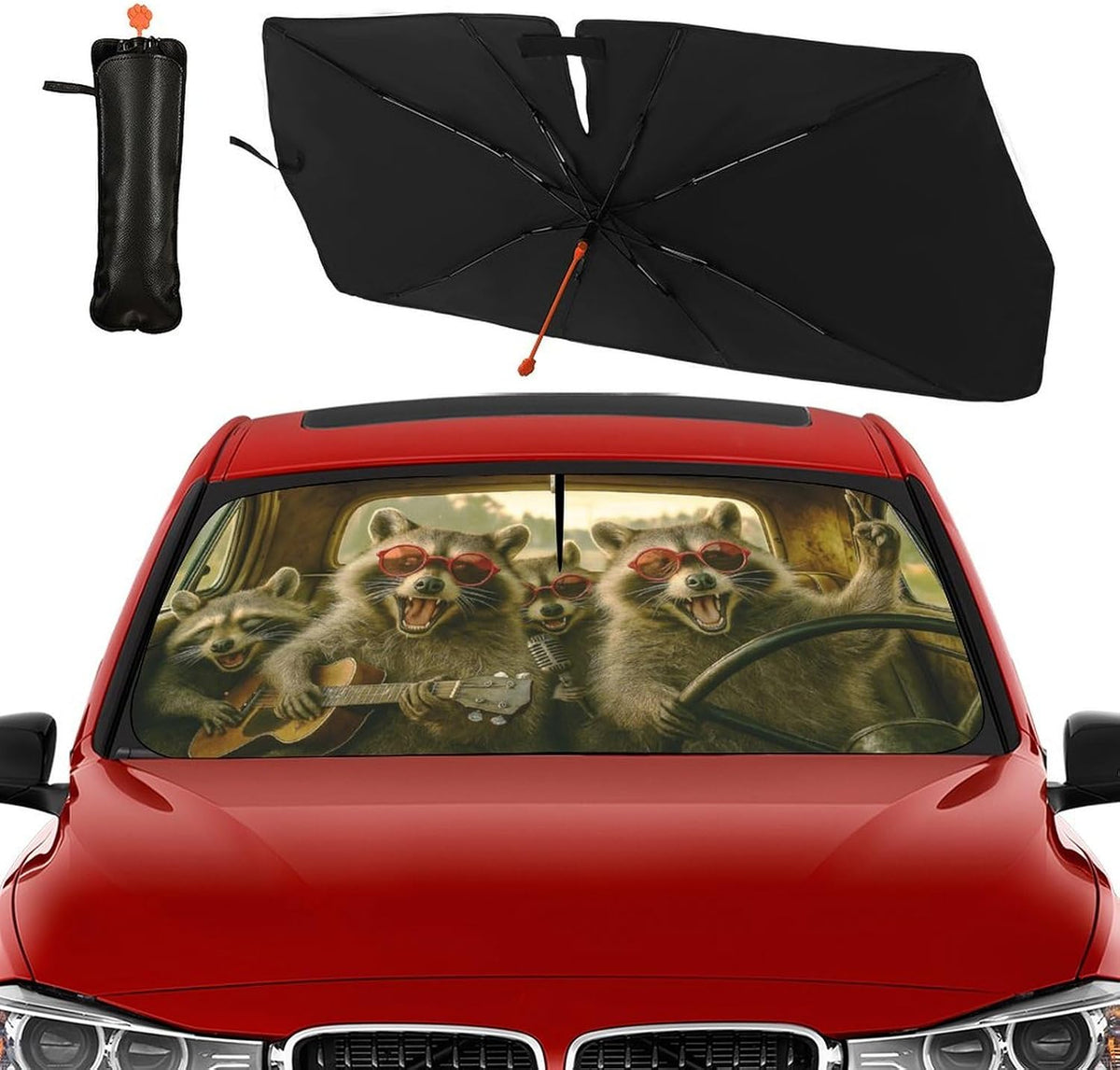 Funny Raccoon Car Windshield Sun Shade Umbrella Bendable Handle Foldable Animal Print Sunshade for Car Windshield Block UV Rays Keep Vehicle Cool for Most Sedans SUV Trucks Cars 57"x30"