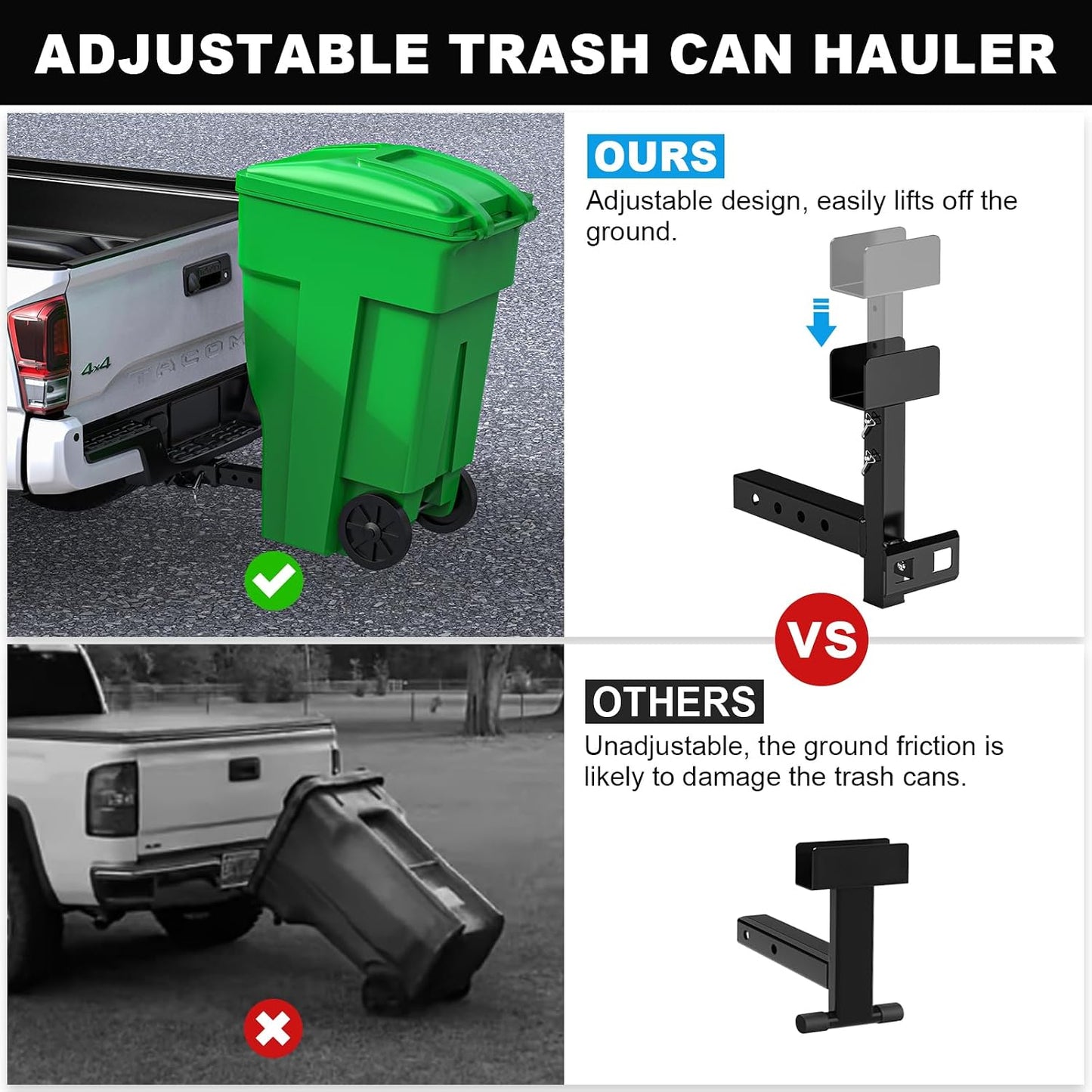 Newly Upgraded Adjustable Trash Can Hauler Hitch for 2" Receiver, Black Garbage Can Hauler Hitch for Car, Truck, SUV, UTV, ATV, Tractor, Trailer & Golf Cart, Single Can Carrier Trash Bin Hauler Hitch