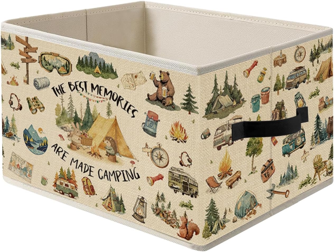 Camping Camper RV Storage Bin Box with Handles, Adventure Camping Campfire Foldable Organizer Basket Toybox for Teen Boys Room Classroom Playroom Bathroom Clothes Toys Books