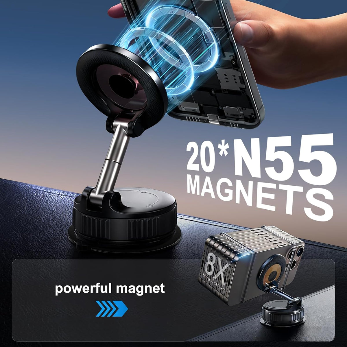 Vacuum Magnetic & Suction Phone Holder, 360° MagSafe Car Mount