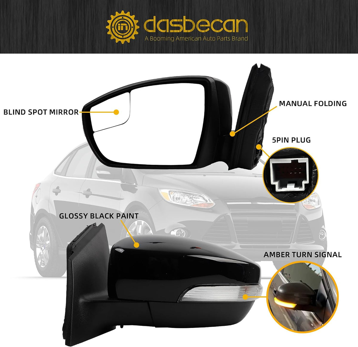 Dasbecan Left Side Mirror Compatible with 2012-2014 Ford Focus Black 5Pins