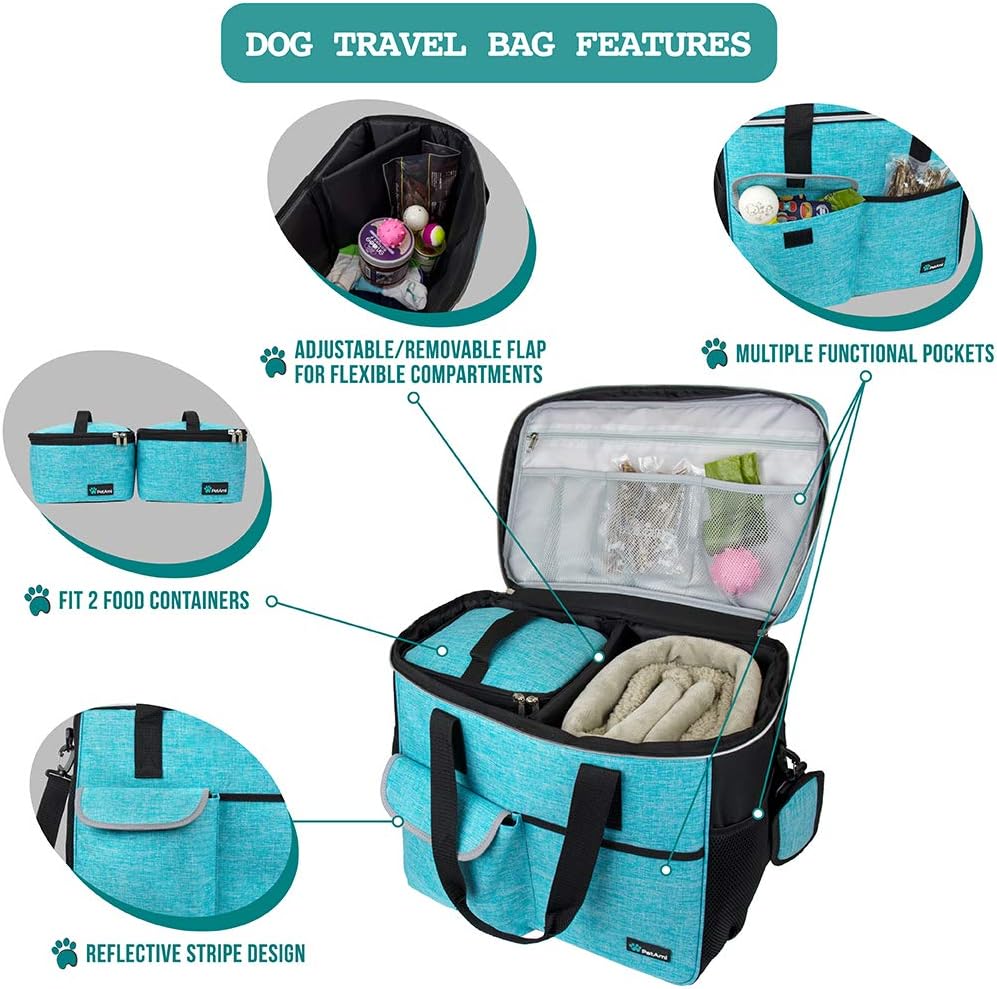 PetAmi Dog Travel Bag Organizer, Pet Travel Kit with 2 Food Containers & 2 Collapsible Dog Bowls, Pet Supplies Tote with Luggage Sleeve, Weekend Road Trip Camping Essentials, Teal Blue, Large