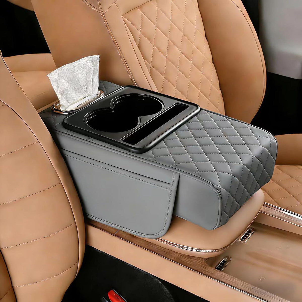 Leather Car Armrest Cover, 5-in-1 Console Cushion with Storage & Cup Holder