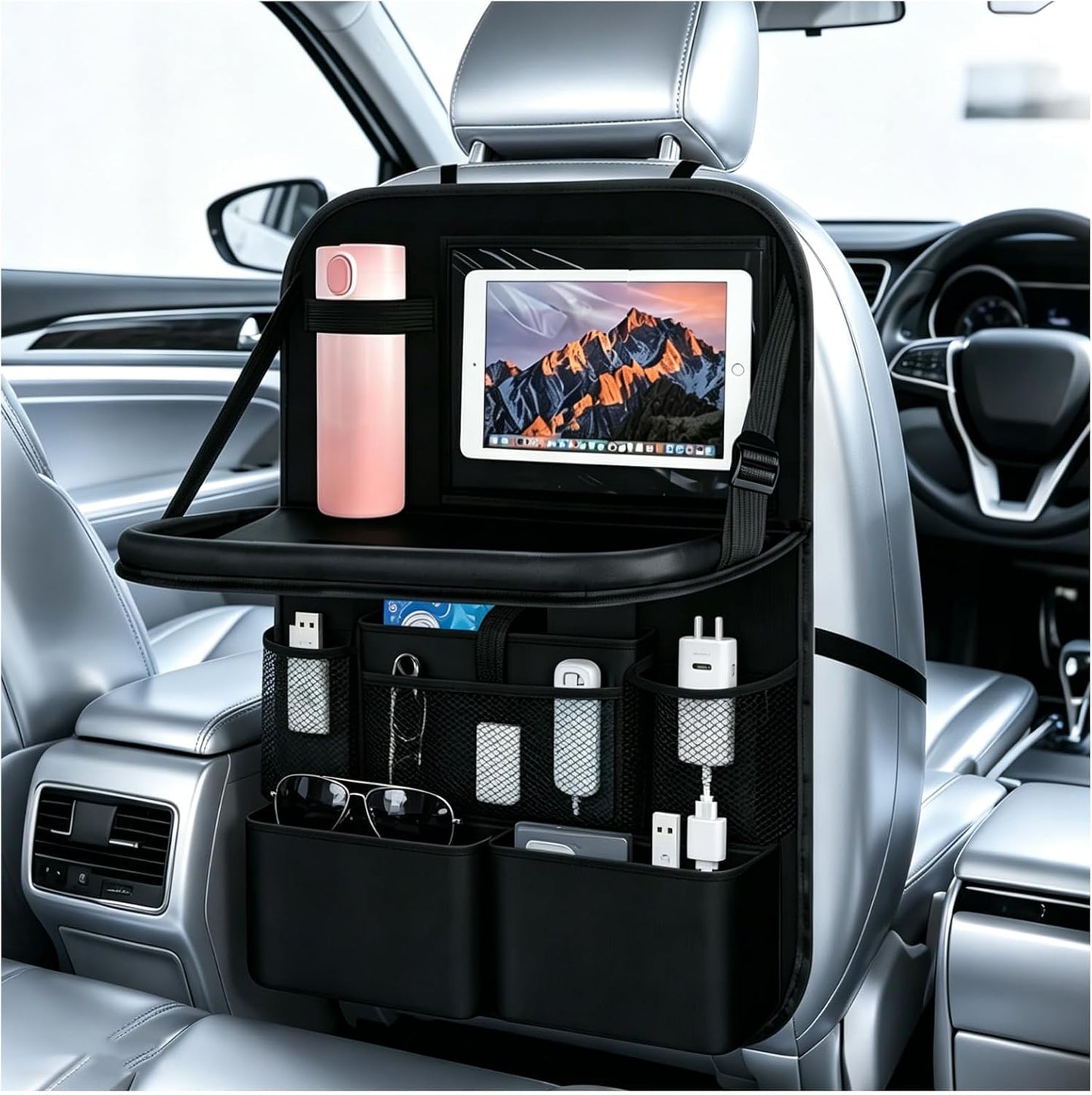 2 in 1 Hanging Backseat Car Organizer,Waterproof Back Seat Car Organizer | with Table Trays,Multifunctional Cars Seats Backs Organizers as Kick Mats Back Seat Protector for Vehicles