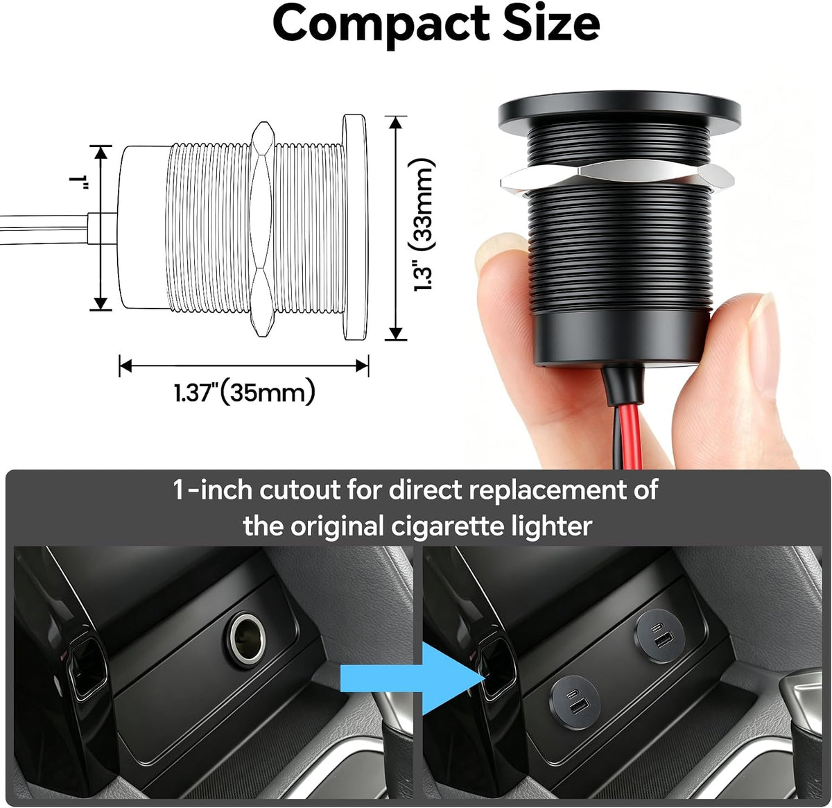 12V USB Outlet Wired USBC Charger Small Size, All Aluminum PD3.0 Type C 30W and QC 3.0 Type A 18W Car Dual Port Socket Fast Charging Station,Cigarette Lighter Replacement for Car Internal (1 PACK)