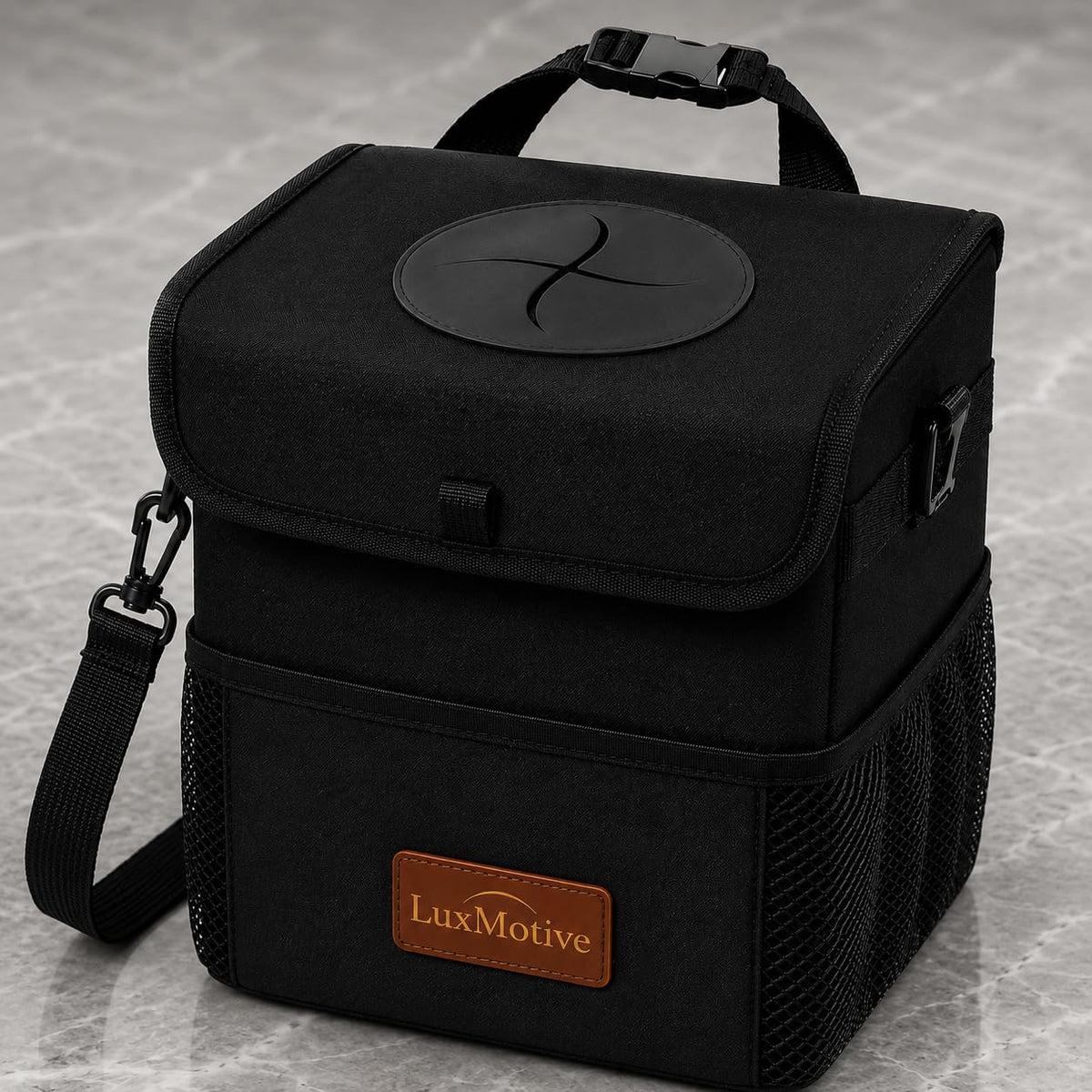 Car Trash Can Premium 3-Gallon Waterproof with Lid, Foldable Leakproof Auto Garbage Bin Organizer with Adjustable Strap, Reflective Interior & Mesh Storage Pockets (Black)