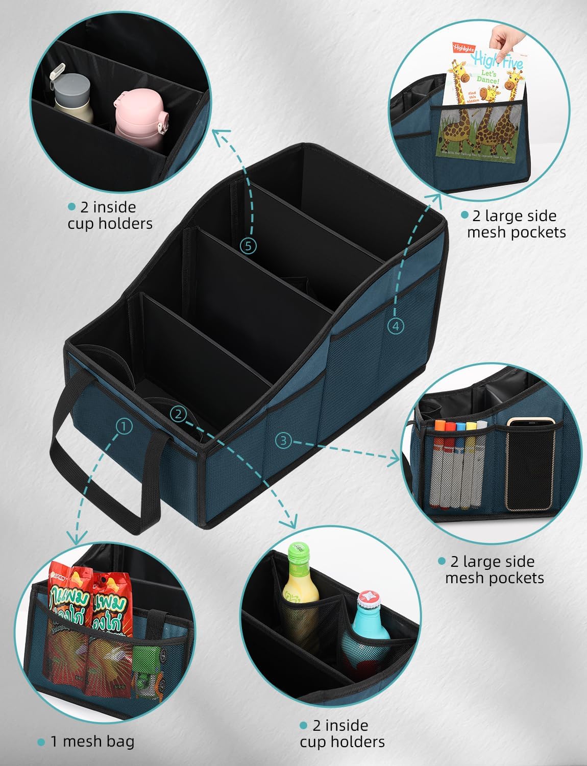 YOHOOLYO Car Seat Organizer Backseat Car Organizer with 4 Compartments, 4 Cup Holders and 7 Mesh Pockets for Front and Rear Seat, Blue