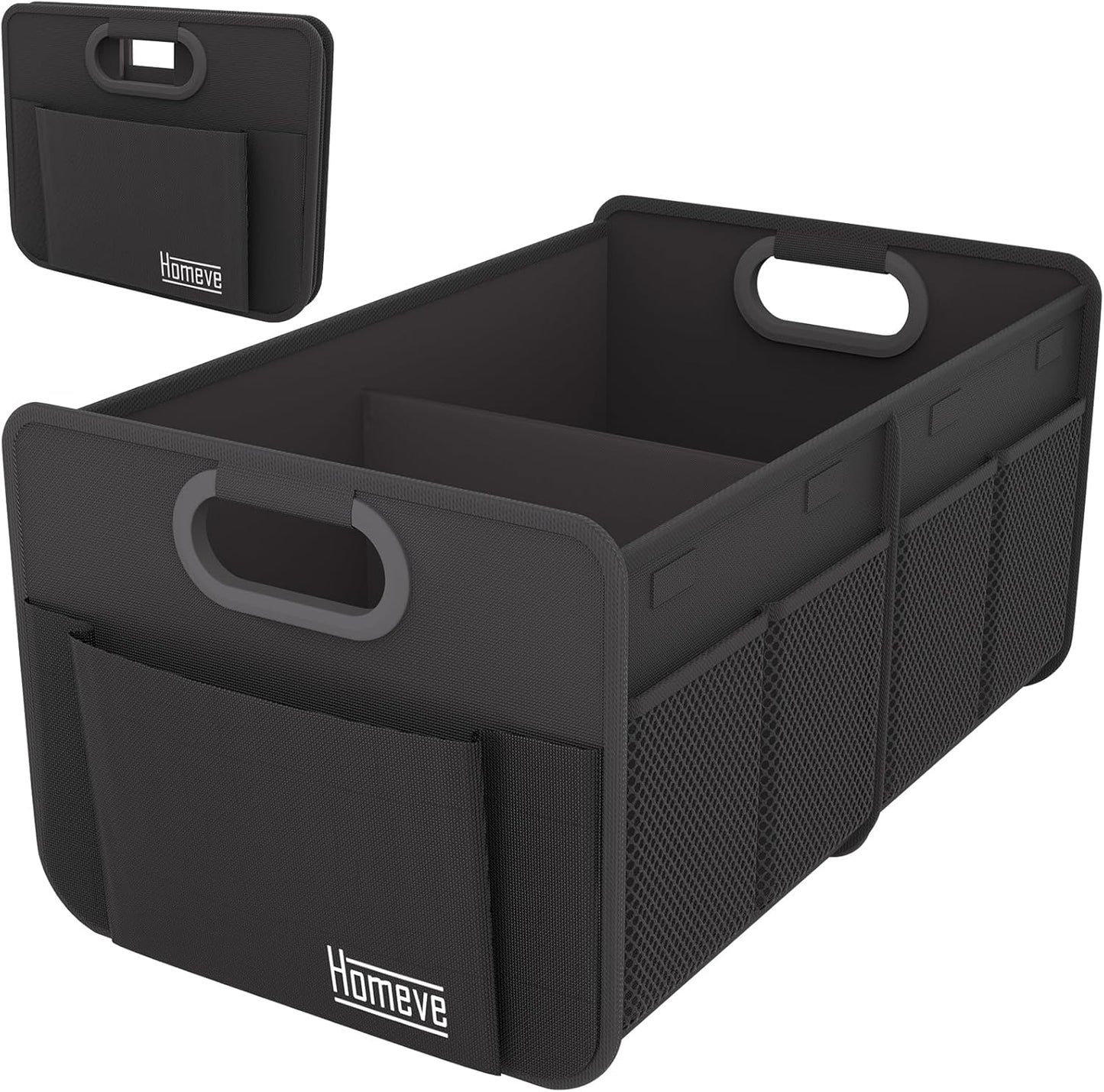 Homeve Car Trunk Organizer for SUV, Small Compact Size No-Sag Heavy Duty, 7 Pockets Foldable Waterproof Anti-Slip Storage, Fit Sedan, Truck, Front Seat, Universal Car Accessories, Black, 2 Compart