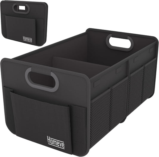 Homeve Car Trunk Organizer for SUV, Small Compact Size No-Sag Heavy Duty, 7 Pockets Foldable Waterproof Anti-Slip Storage, Fit Sedan, Truck, Front Seat, Universal Car Accessories, Black, 2 Compart