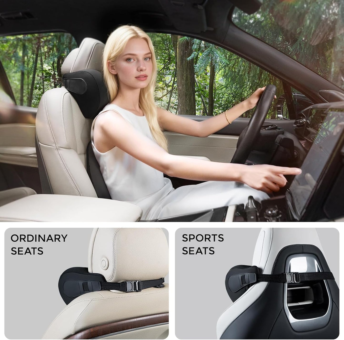BEBAS Car Headrest Pillow, Memory Foam Neck Support Pillow for Cars - Ergonomically Designed for Long Drives, Travel & Commuting, Pain Relief with Removable & Washable Cover (Black)