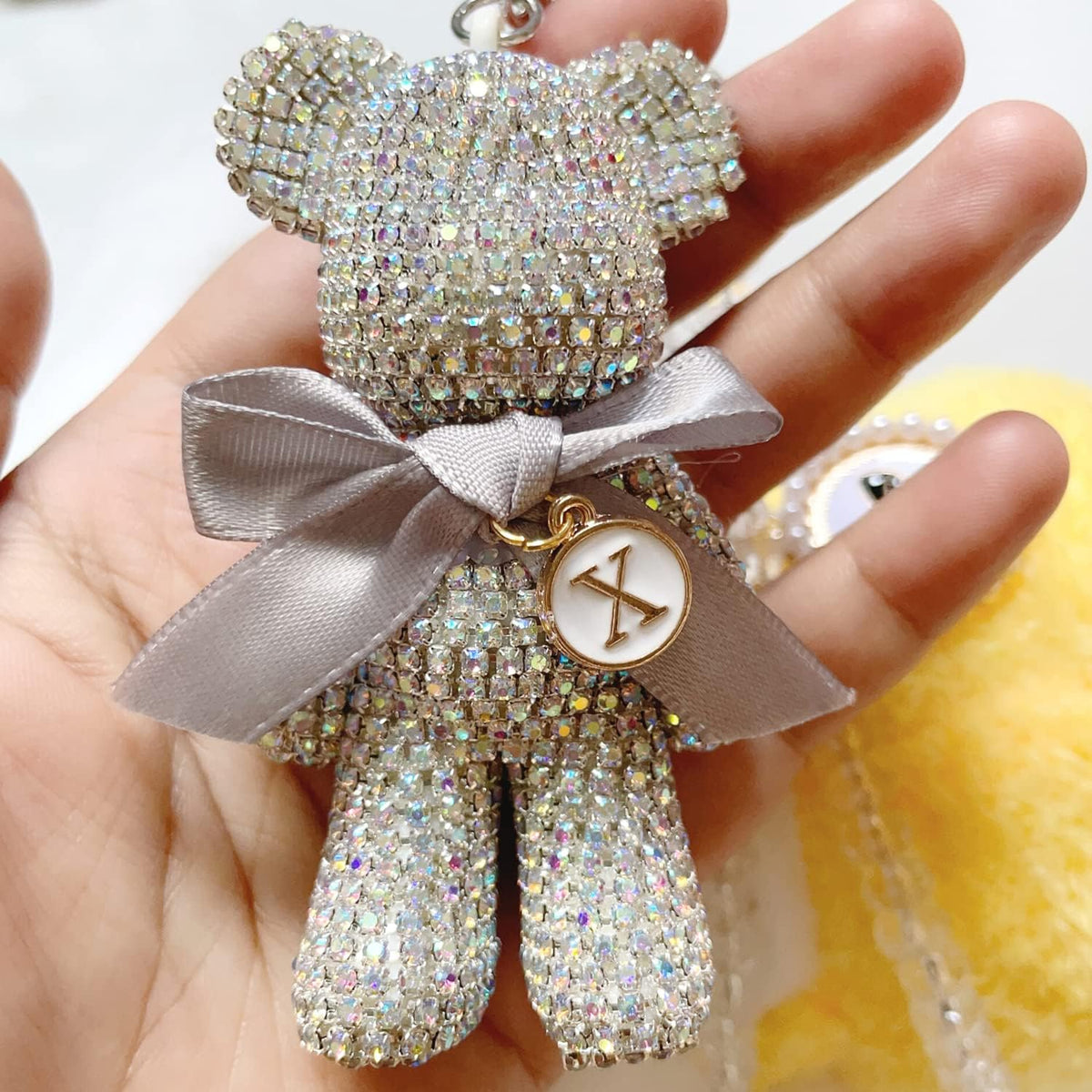 Cute Bling Bear Rear View Mirror Hanging Accessories Sparkle Hanging Ornaments Diamond Bear Charms for Car Mirror (White)