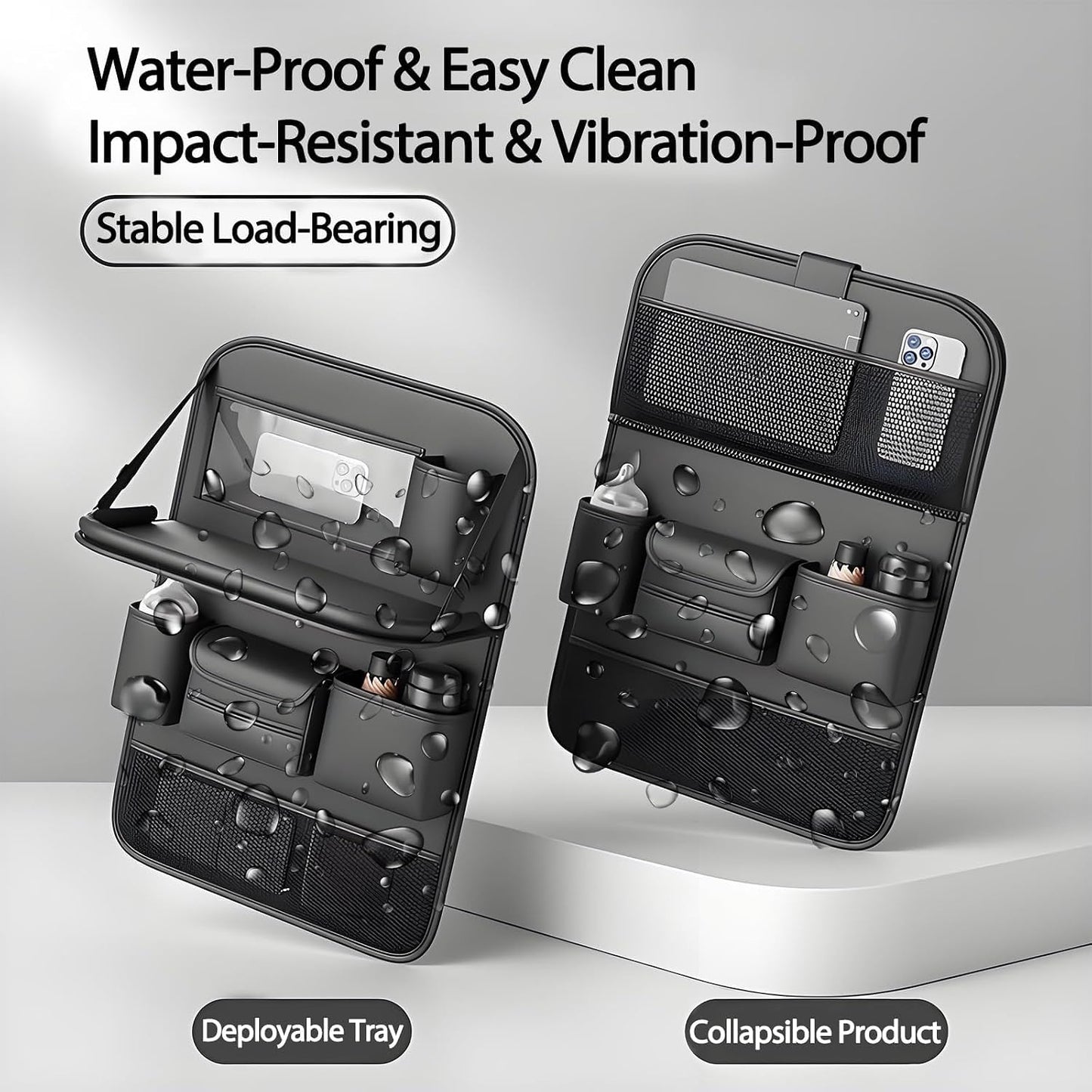 2 Pack Leather Car Backseat Organizer with Foldable Table Tray, Universal Car Seat Back Protector Kick Mat with Touchscreen Tablet Holder, Storage Pockets, Cup Holders & Tissue Holder, Black