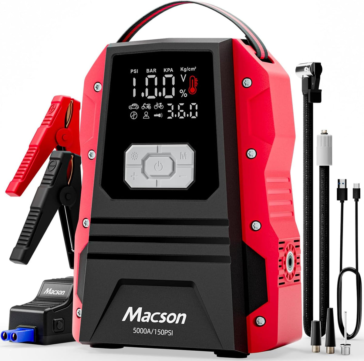 5000A Jump Starter with Air Compressor - Portable 12V Jump Box Battery Pack for 9.0L Gas/8.0L Diesel Engines, Car Jumper Starter Portable with 150PSI Tire Inflator, LED Screen, Fold-Up LED Flashlight