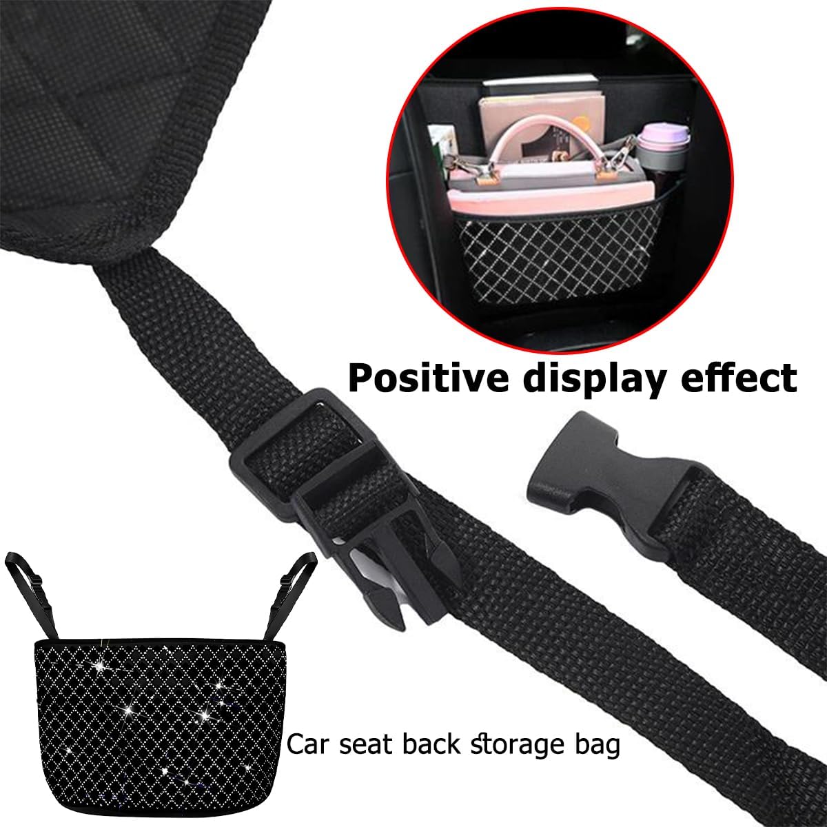 zipelo Bling Car Net Pocket Handbag Holder, Rhinestone Vehicle Backseat Purse Organizer Between Seats, Diamond Hanging Storage Bag Barrier of Pet Kids, Universal Automotive Accessories (White)