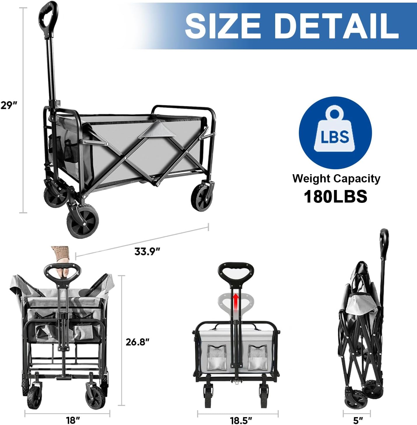 Collapsible Foldable Wagon, Beach Cart Large Capacity, Heavy Duty Folding Wagon Portable, for Outdoor Sports, Shopping, Camping, Gray