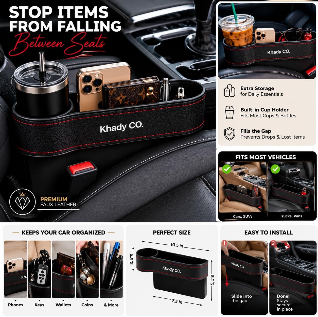 2-Pack Car Seat Gap Filler Organizer with Cup Holder & Phone Slot, PU Leather Car Storage Pocket, Universal seat Gap Organizer for Driver and Passenger Side, (Black)