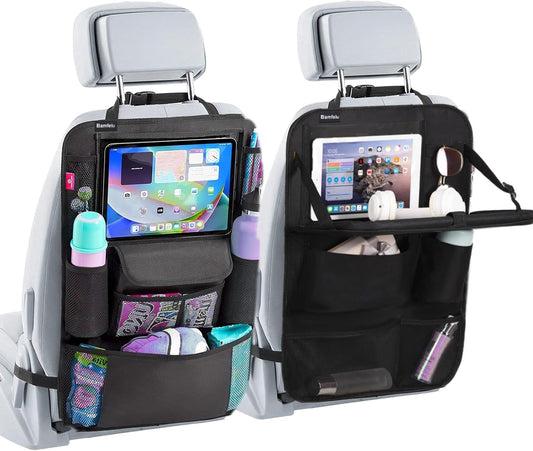 2 Pack Car Backseat Organizer with Foldable Table Tray, 12 Storage Pockets Kick Mats Protector Tablet Holder for Family Travel (Black)