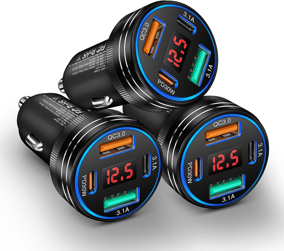 USB C Car Charger, 65W 4-Port Voltage Display Cigarette Lighter USB Charger