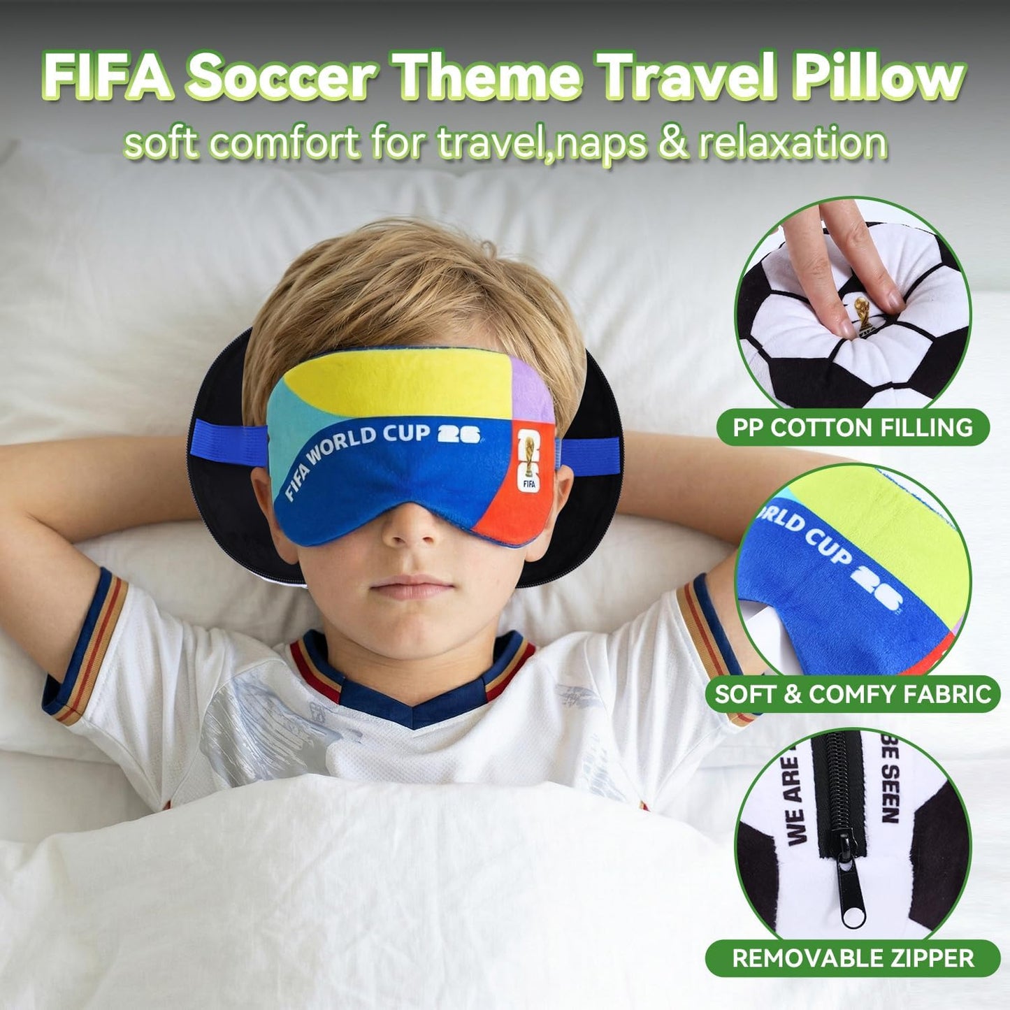 MESUCA FIFA World Cup 2026 Travel Pillow with Eye Mask - Official FIFA World Cup 2026 Merchandise -Soccer Ball Design Neck Pillow 2-in-1 Comfort for Traveling,Car,or Train
