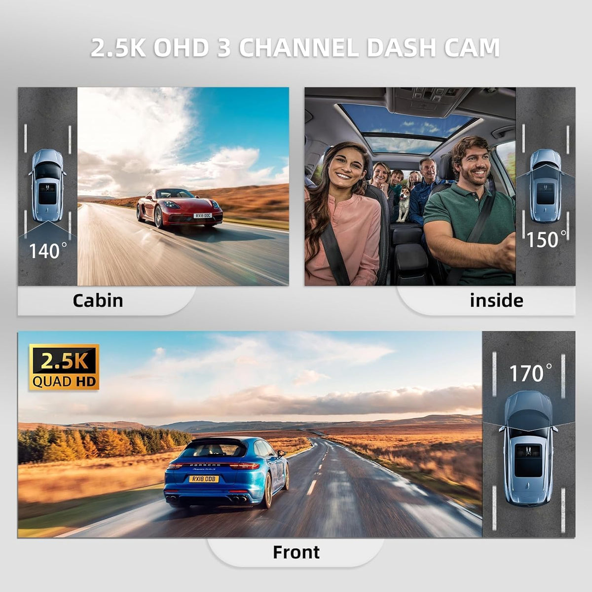 3 Channel Dash Cam Front and Rear Inside, Triple Dash Camera for Cars, 2.5K UHD Dash Cam, 3.18" IPS Large Screen, IR Night Vision, 24/7 Recording Parking Mode Monitor, Free 64G SD Card