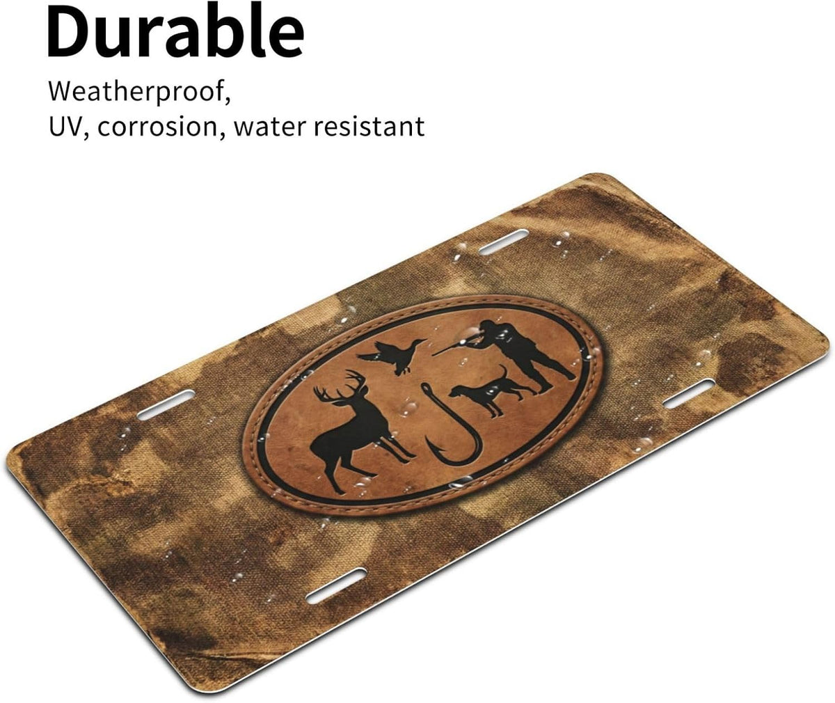 Hunting Camo Deer Duck Dog Aluminum License Plate 6x12 | Hunting Camo Decor, Standard 6x12 In, UV Printed Aluminum, 4 Pre-drilled Holes, Outdoor Front Plate, Not for DMV Use.