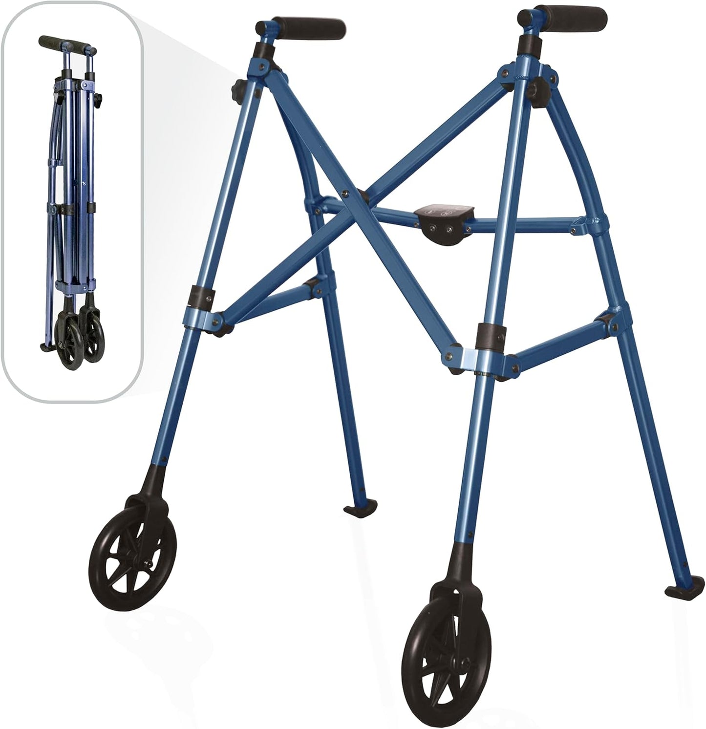 Stander Space Saver Walker Short, Lightweight Folding Rolling Mobility Aid for Juniors & Petite Adults, Compact 2-Wheel Disability Device with 6-inch Wheels & Rear Ski Glides, Cobalt Blue