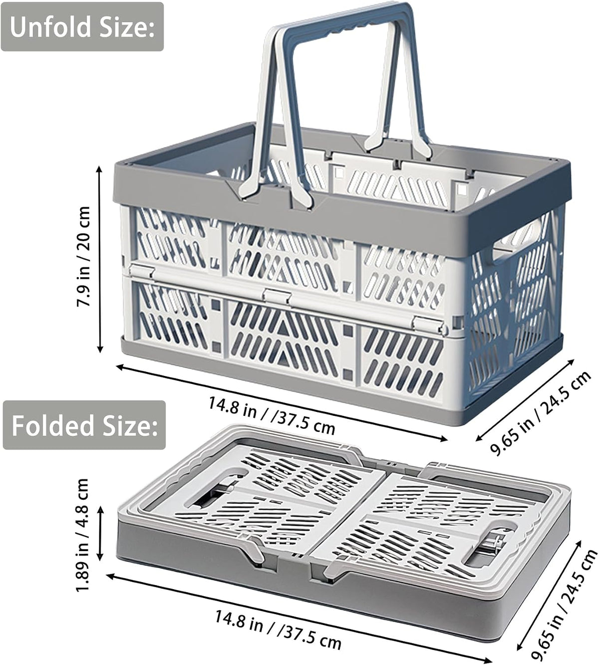 Collapsible Plastic Storage Crate - 20L Folding Organizer Basket Portable Stacking Storage Crate Bin with Handle, for Camping, Picnic, Car Trunk, Home Storage (Gray, M)