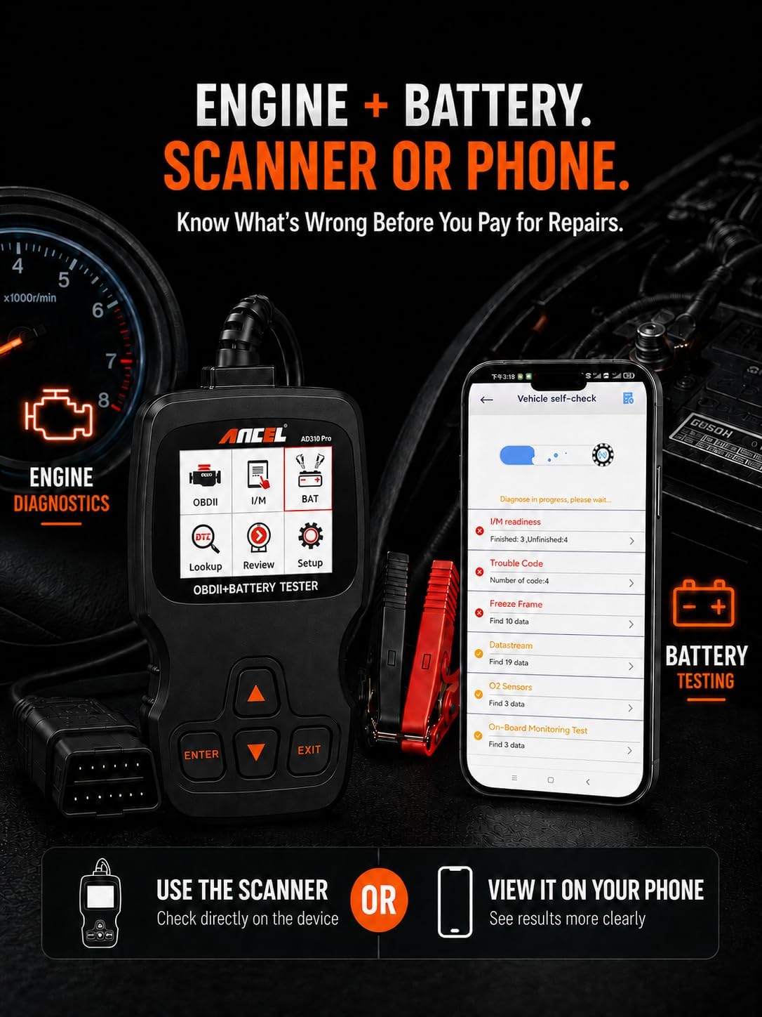 ANCEL AD310 Pro Bluetooth OBD2 Scanner & Battery Tester for Cars