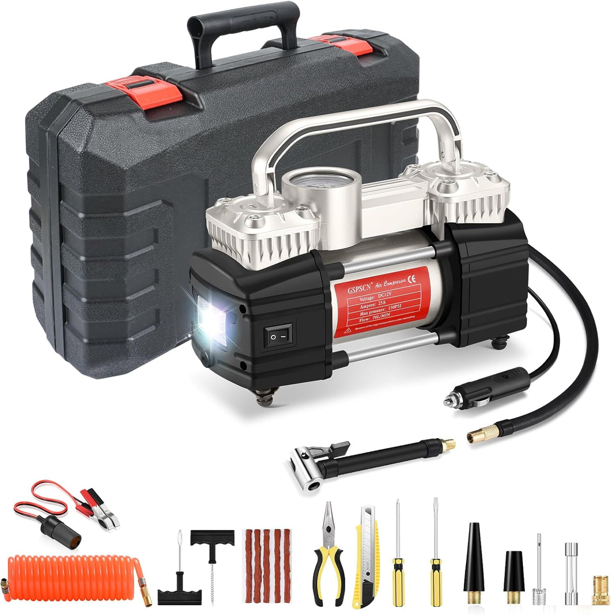 GSPSCN Heavy Duty Tire Inflator 12V Portable Toolbox Air Compressor Pump