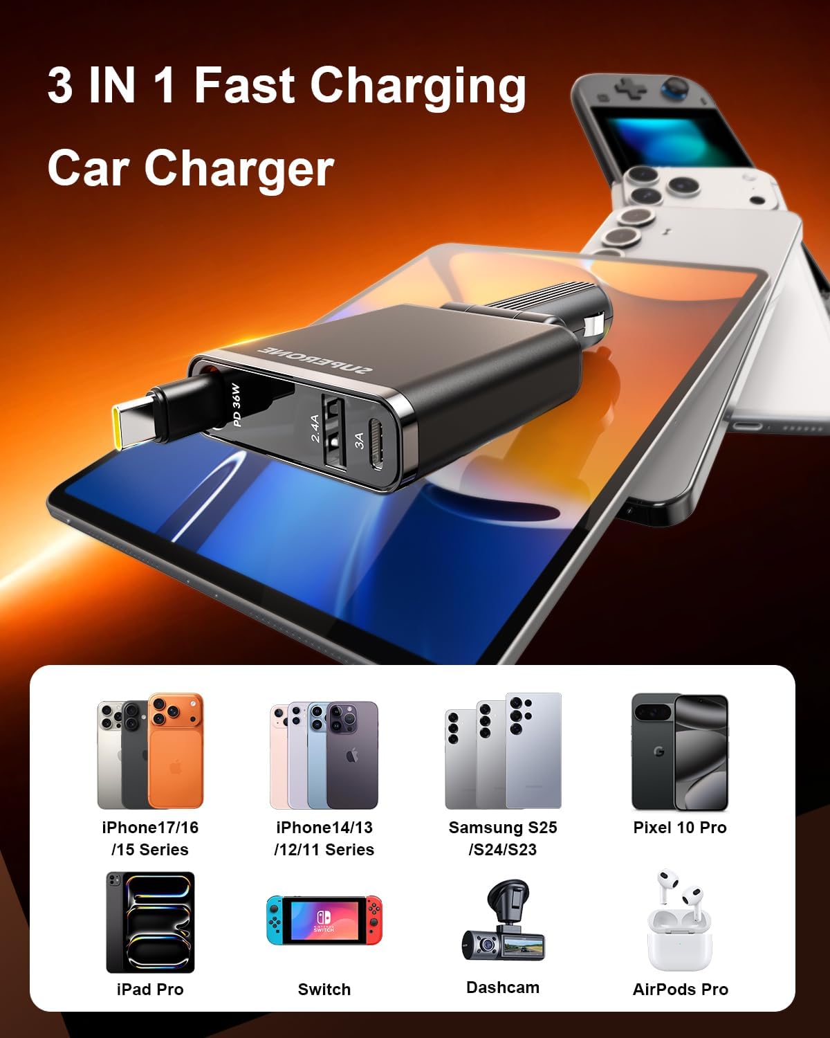 SUPERONE Car Charger USB C Fast Charge, Ultra-Slim Retractable Car Charger
