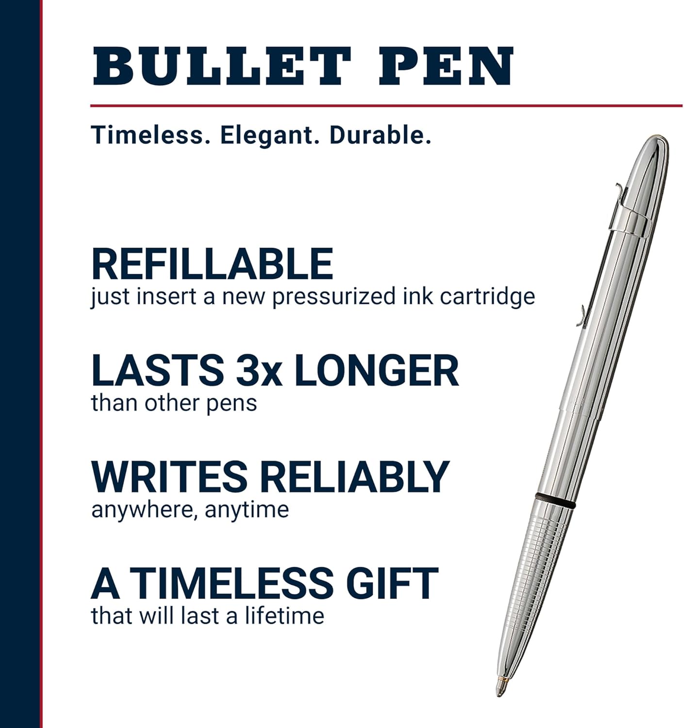 Fisher Space Pen Chrome Bullet Pen, Pressurized Ballpoint Pen, Compact Size, Writes Upside Down and in Extreme Temperatures, Smooth Black Ink, Medium Point, Pocket Clip, Gift Box, Made in USA