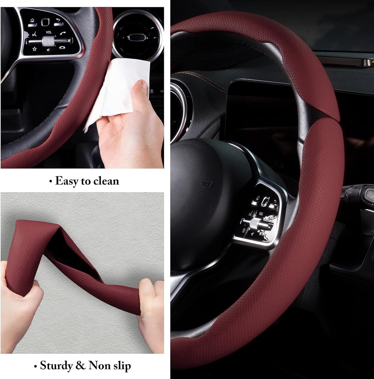 Car Steering Wheel Cover Leather 14.5-15 in Universal 3Pcs Set Wine Red