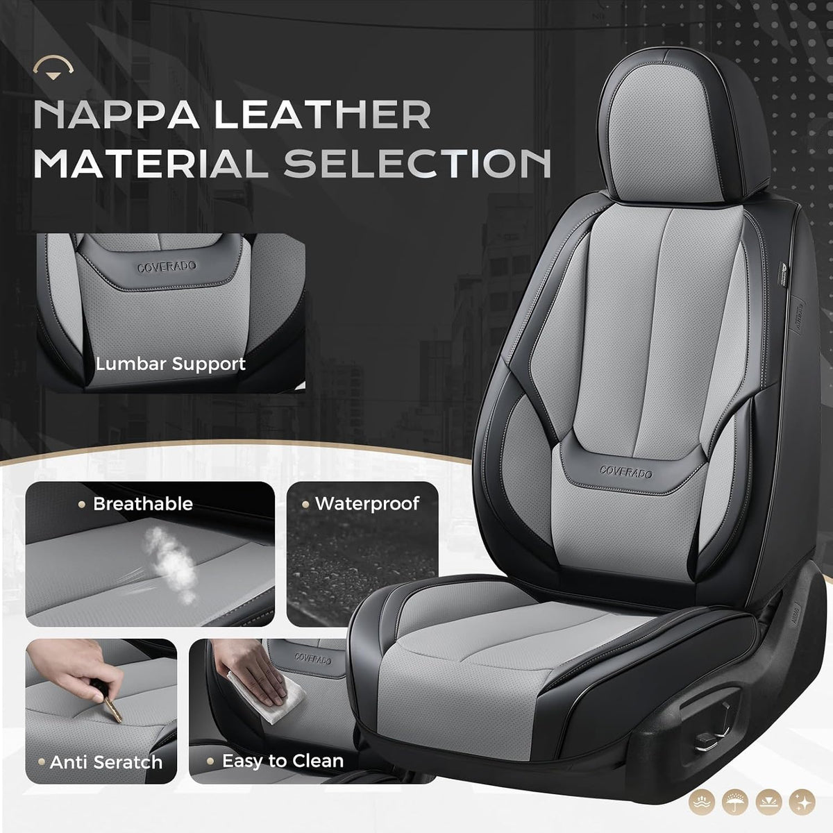 Coverado Car Seat Covers Full Set, Car Seat Protector Waterproof, Nappa Leather Car Seat Cushion, Seat Covers for Cars, Front Seats and Back Universal Fit for Most Cars
