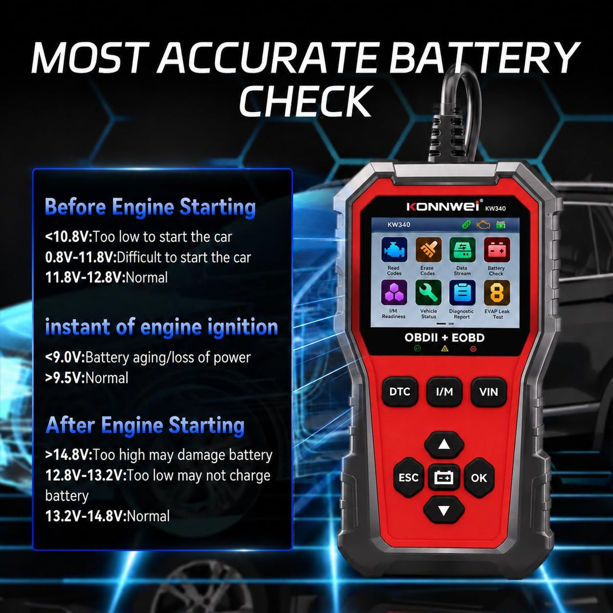 KONNWEI KW340 Upgraded OBD2 Scanner Diagnostic Tool, for Check Engine Light