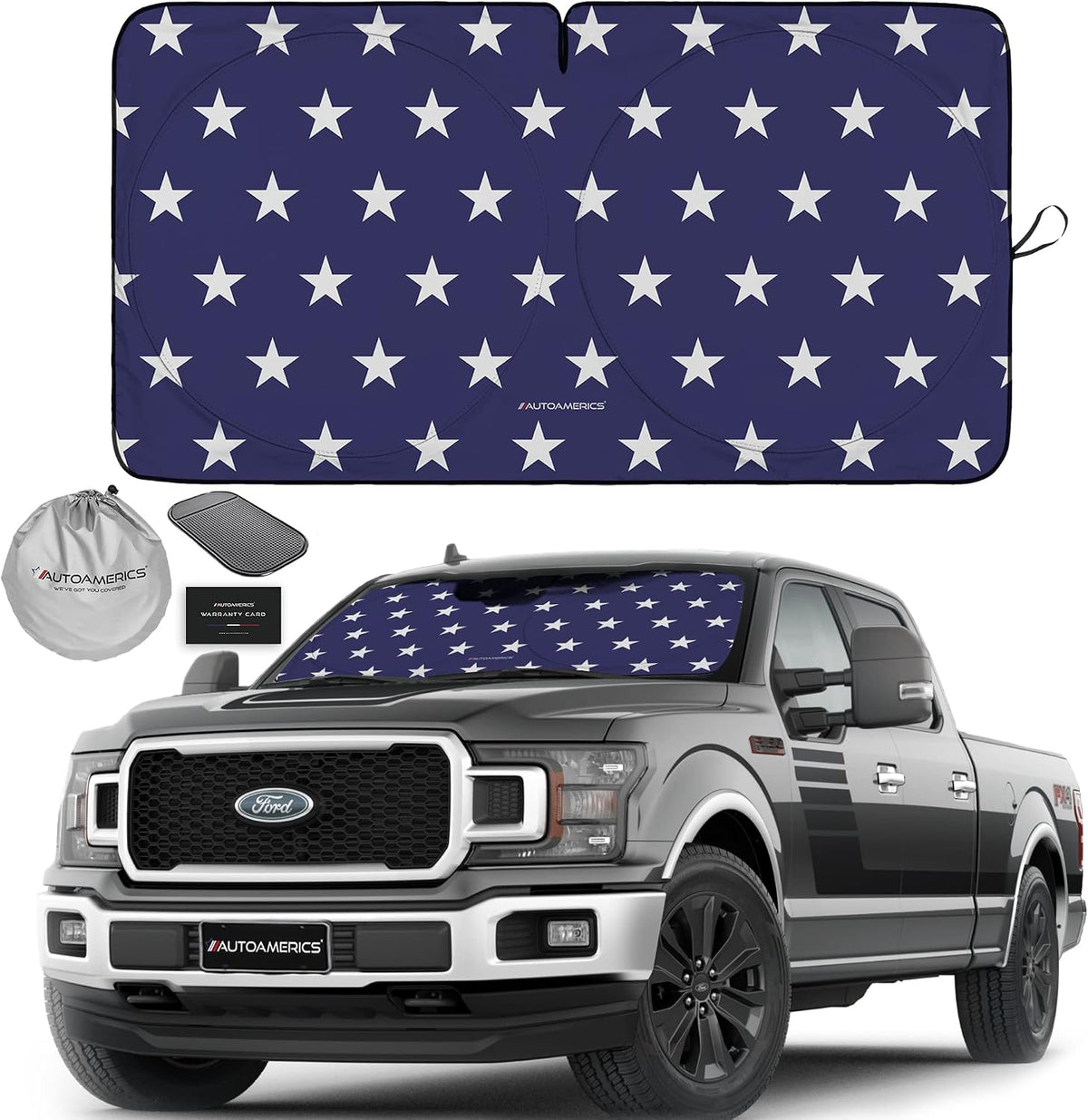 Autoamerics Truck Windshield Sun Shade with Storage Pouch & Anti-Slip Dash Pad - Foldable USA Stars Flag Design - Fits Most SUVs & Trucks - Blocks UV Rays and Keeps Car Cool | X-Large (66 x 36 inches)