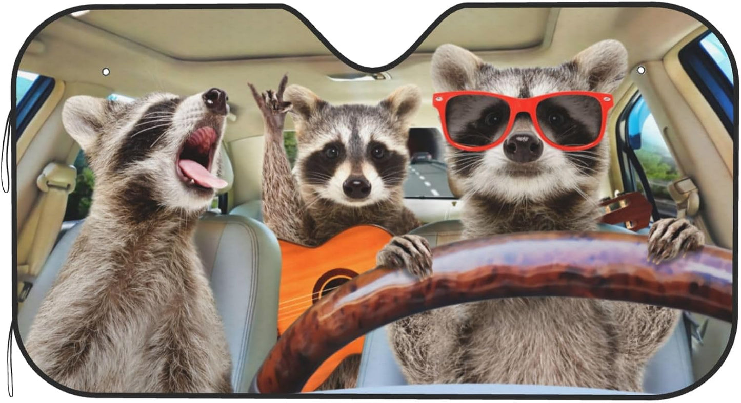 Begarm Three Funny Raccoons Animals Windshield Sun Shade for Car SUV Truck (51" X 27.5") Front Window Sun Shade Visor Shield Cover (Upgrade Hardened)