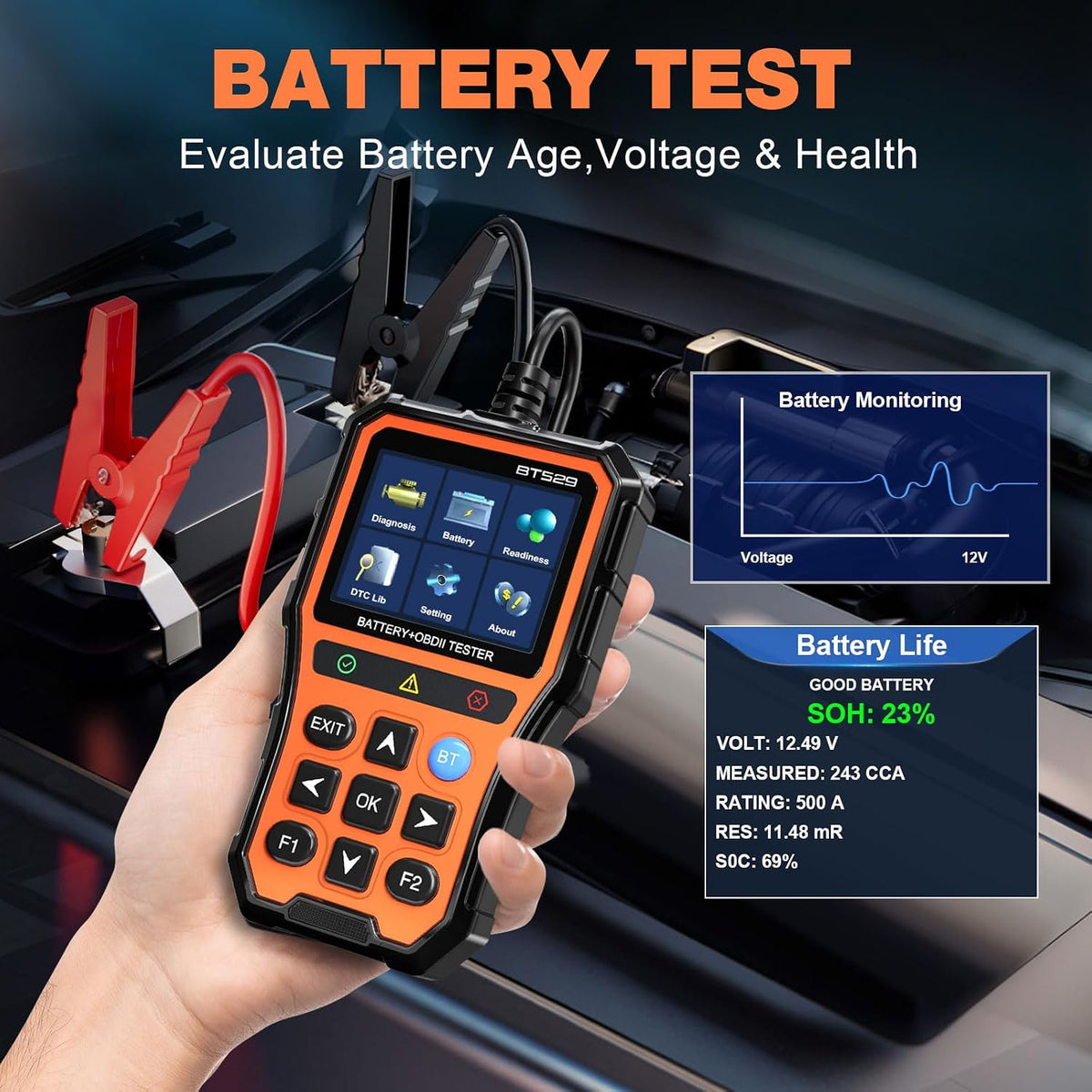 BT529 Bluetooth OBD2 Scanner & Car Battery Tester, 2-in-1 Diagnostic Tool